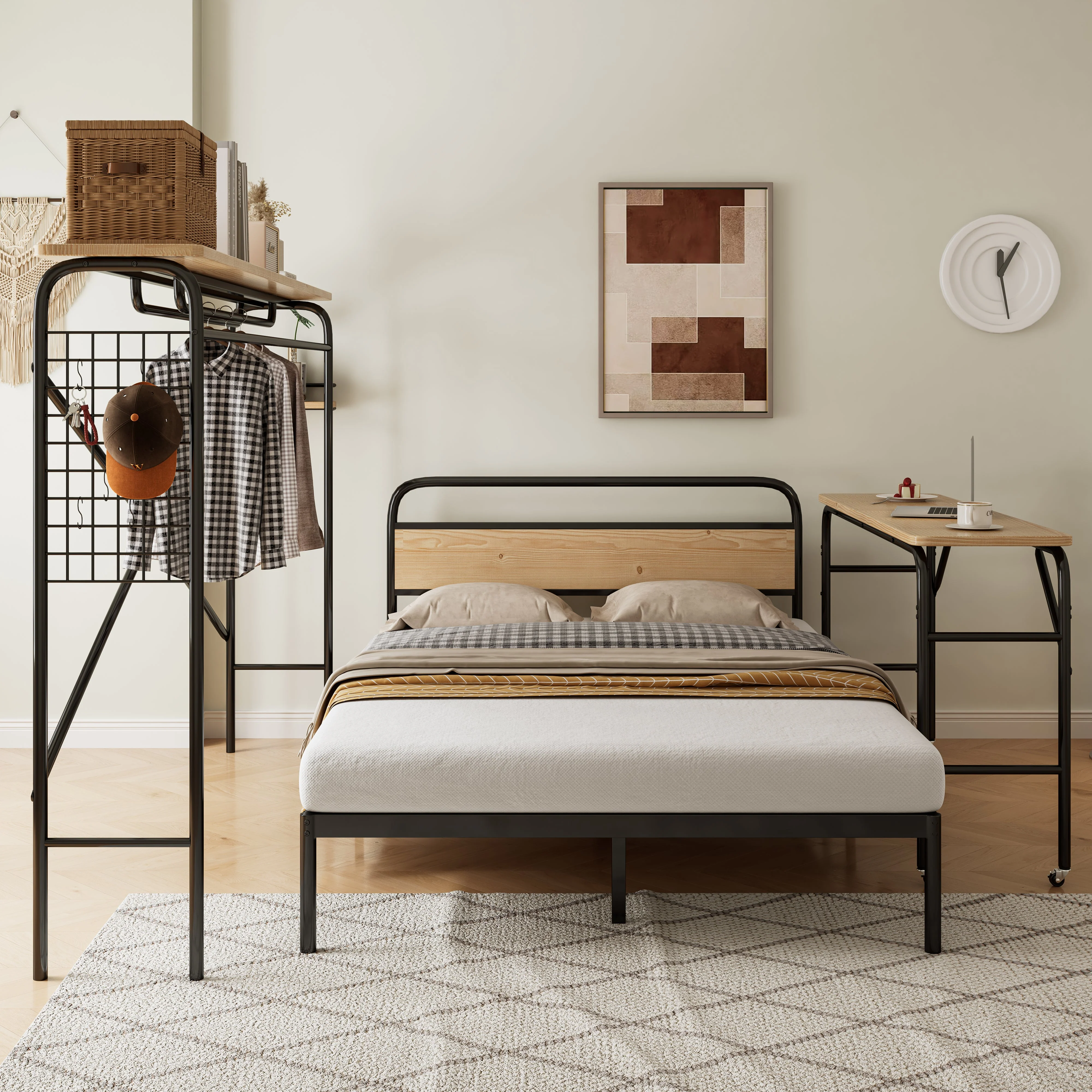Metal Bed, Flat with Table & Coat Rack, Black & Natural Wood - Image 2