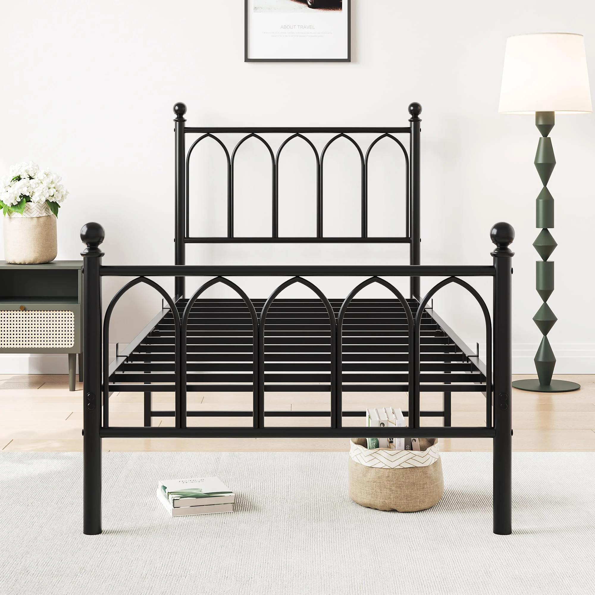 Metal Bed Frame 90x200cm Vintage Headboard Footboard Under-bed Storage - Black - Image 3
