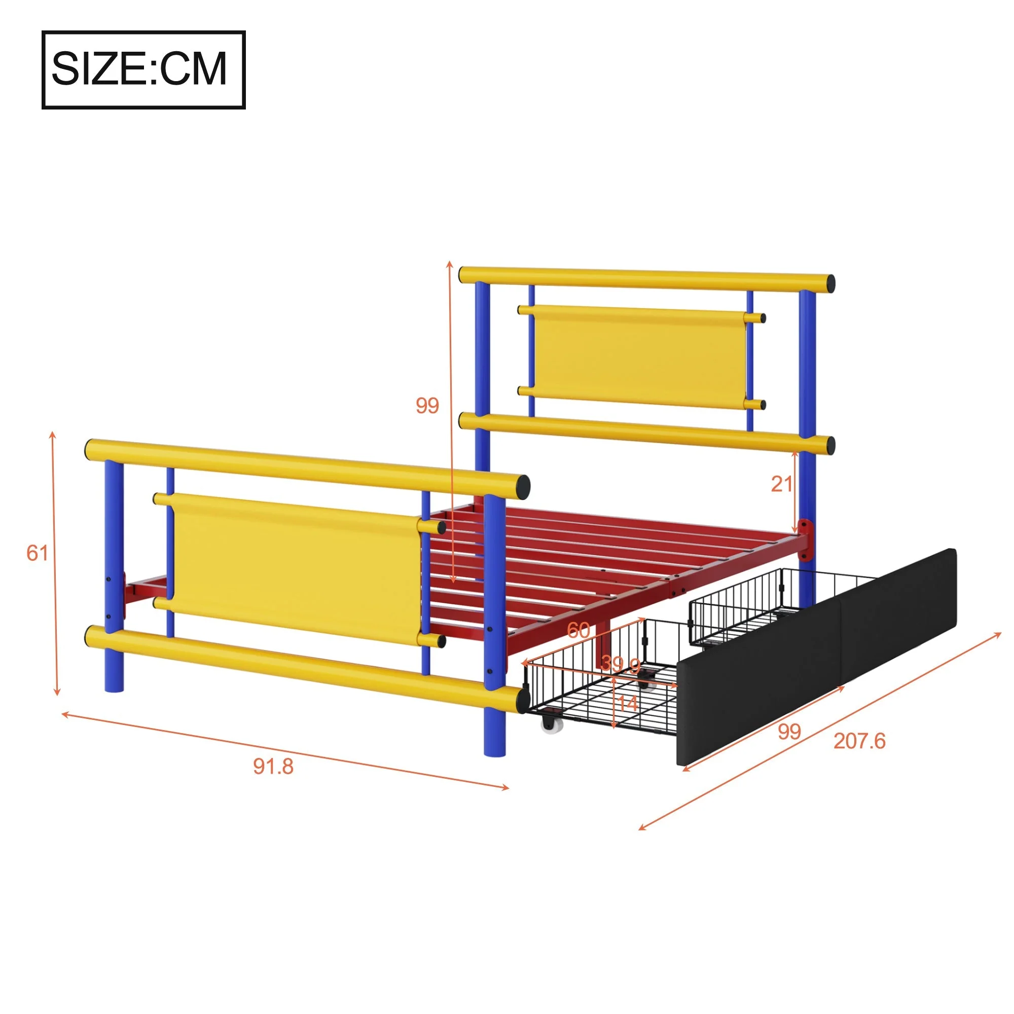 Metal Bed Frame for Children with Drawers, 90x200cm Space-Saving Platform Bed, Steel Construction - Image 8