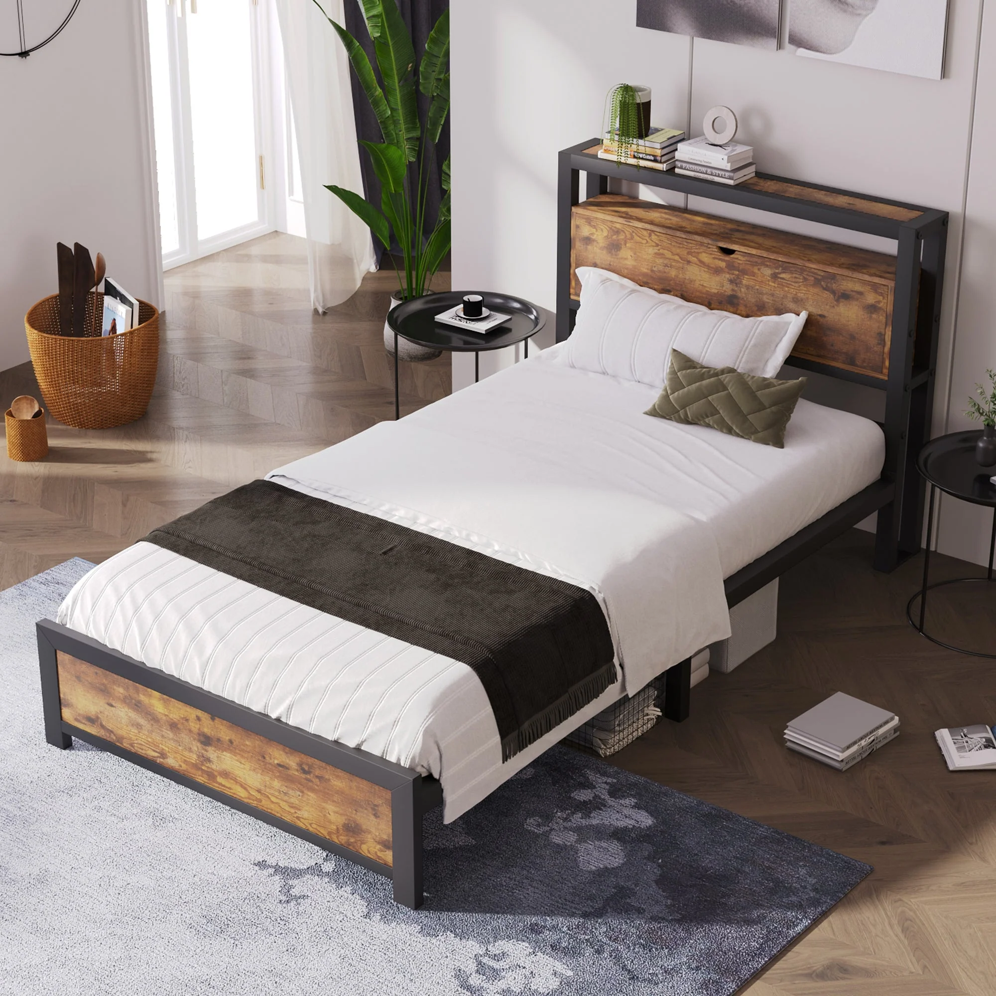 Metal Bed Single 90 x 200 cm with Storage Headboard, Black Steel - Image 10