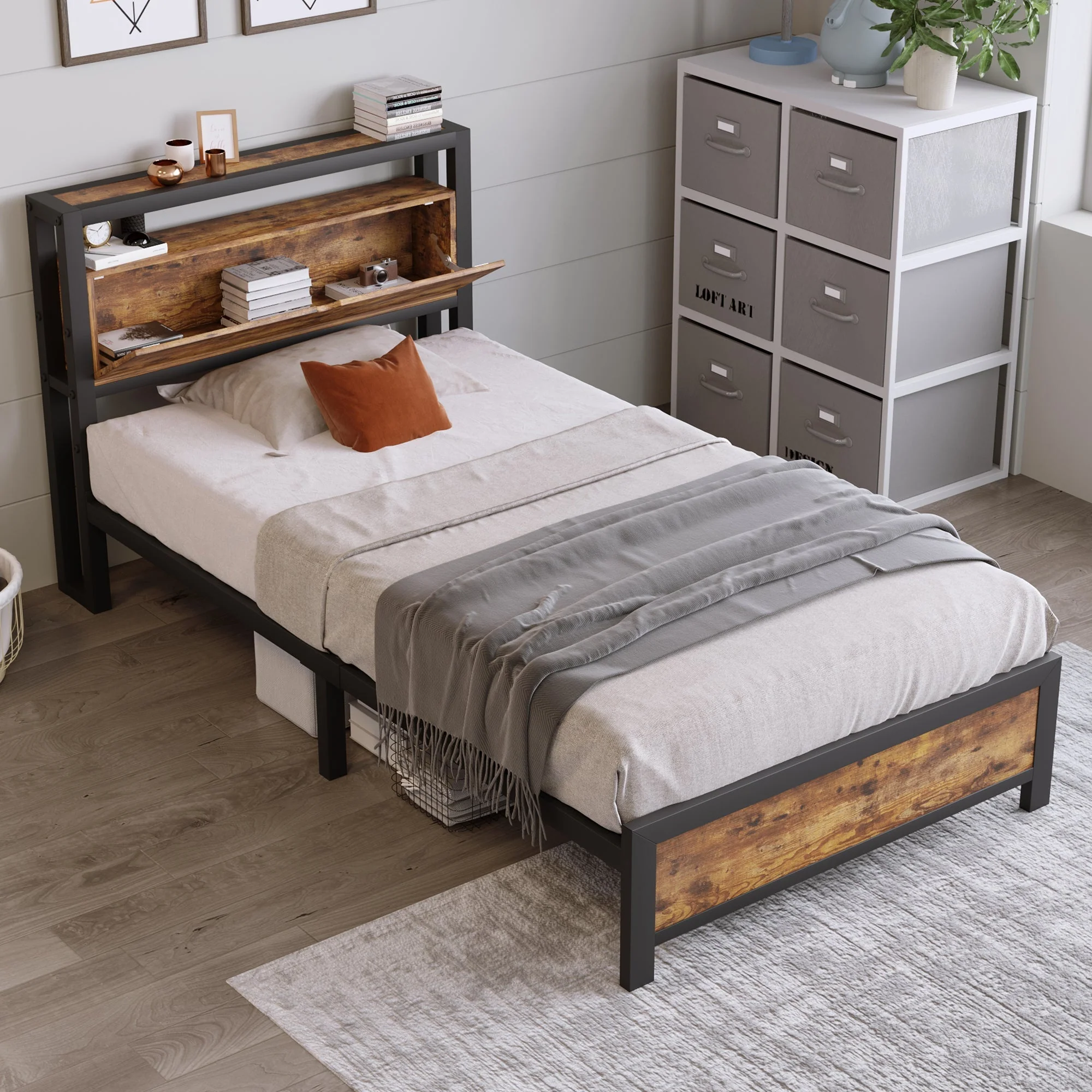 Metal Bed Single 90 x 200 cm with Storage Headboard, Black Steel - Image 3