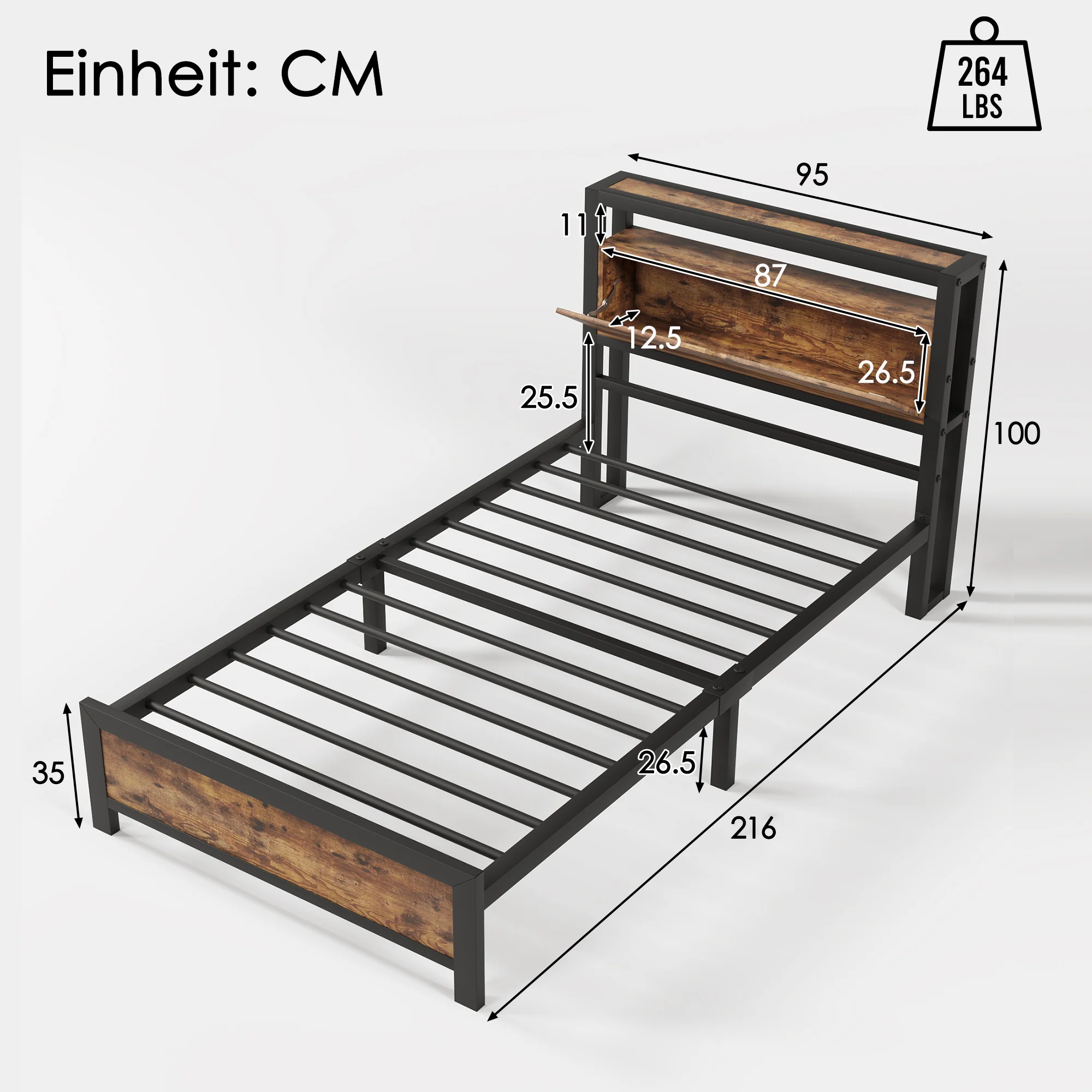Metal Bed Single 90 x 200 cm with Storage Headboard, Black Steel - Image 7