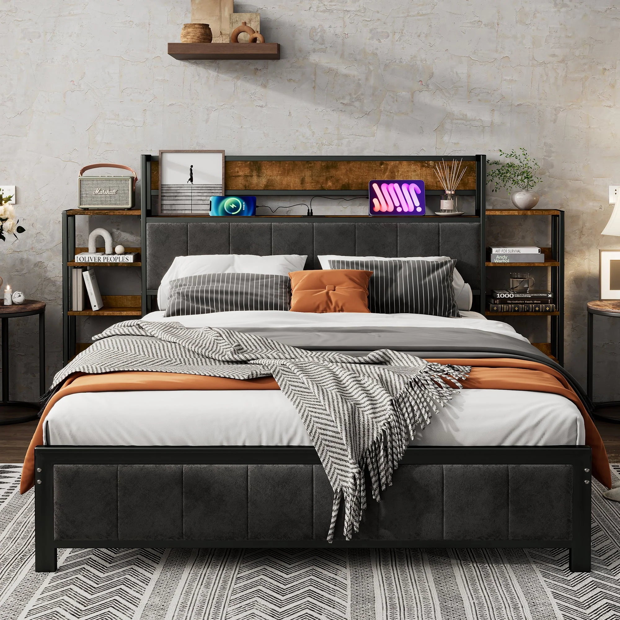 Metal Bed, Storage with Shelf & 3 USB Ports, Black & Walnut - Image 2