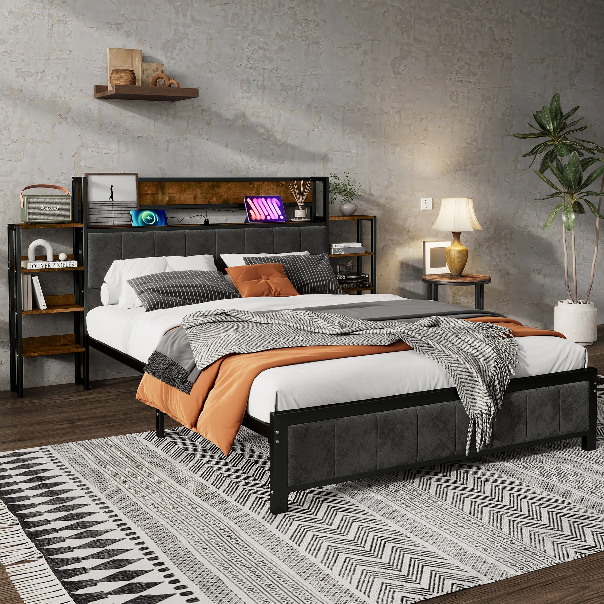 Metal Bed, Storage with Shelf & 3 USB Ports, Black & Walnut - Image 3