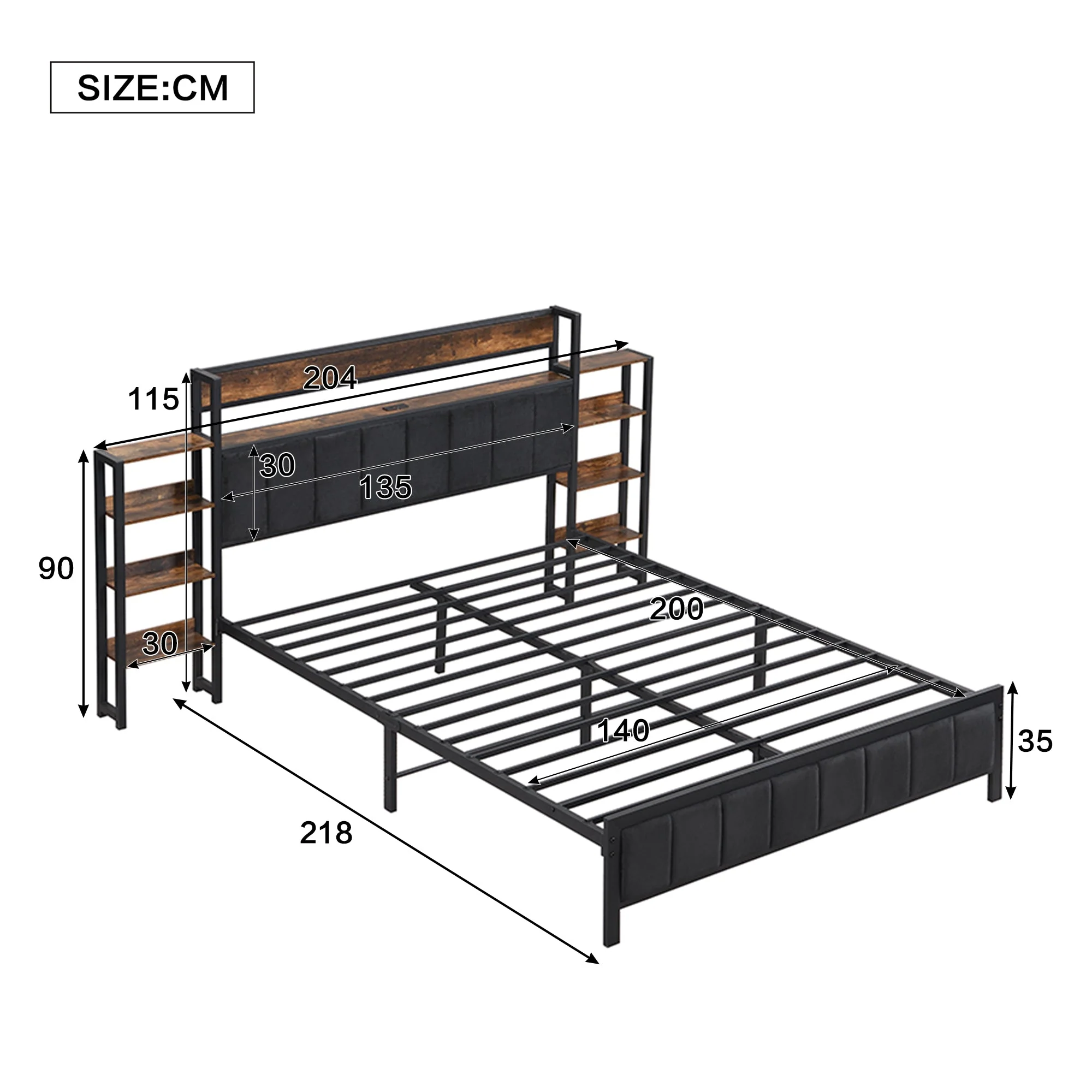 Metal Bed, Storage with Shelf & 3 USB Ports, Black & Walnut - Image 4