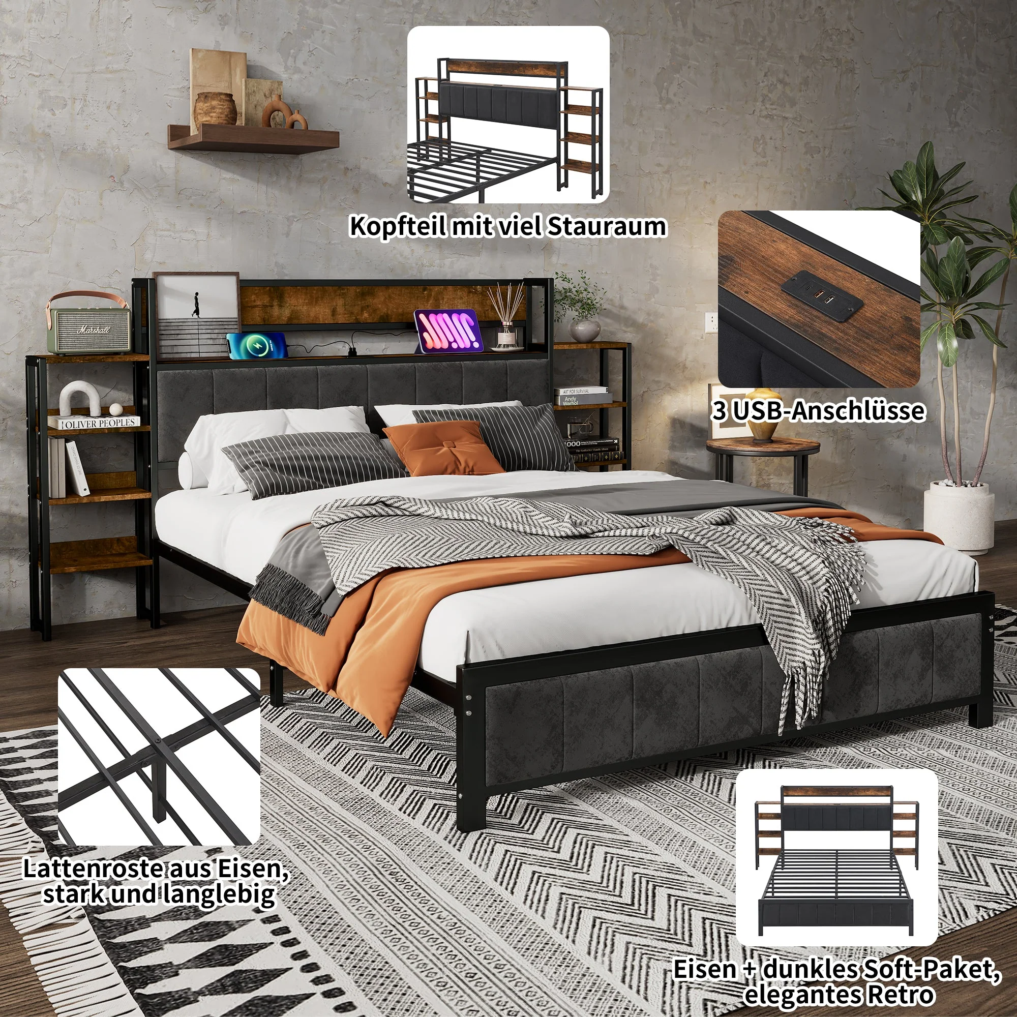 Metal Bed, Storage with Shelf & 3 USB Ports, Black & Walnut - Image 5