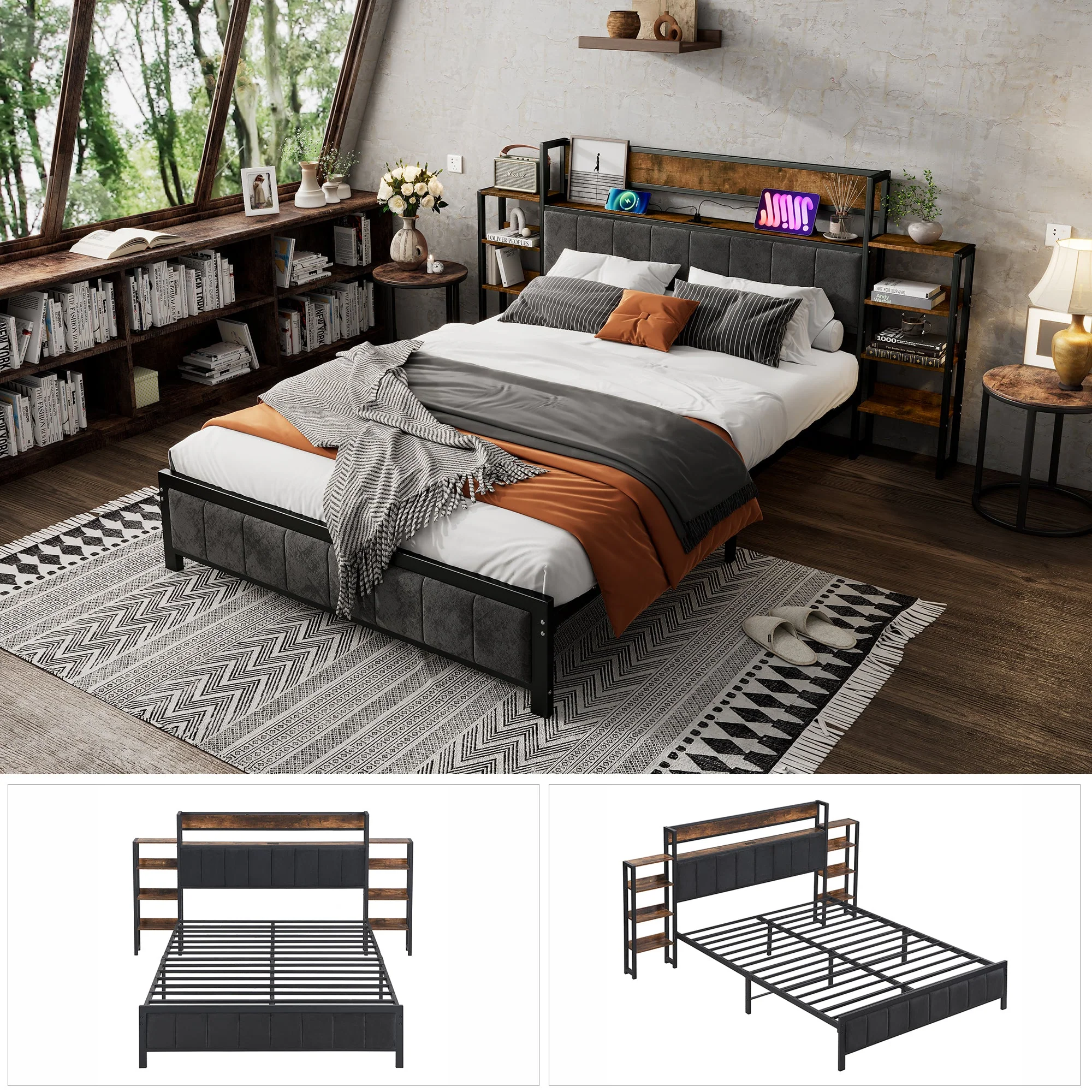 Metal Bed, Storage with Shelf & 3 USB Ports, Black & Walnut - Image 6