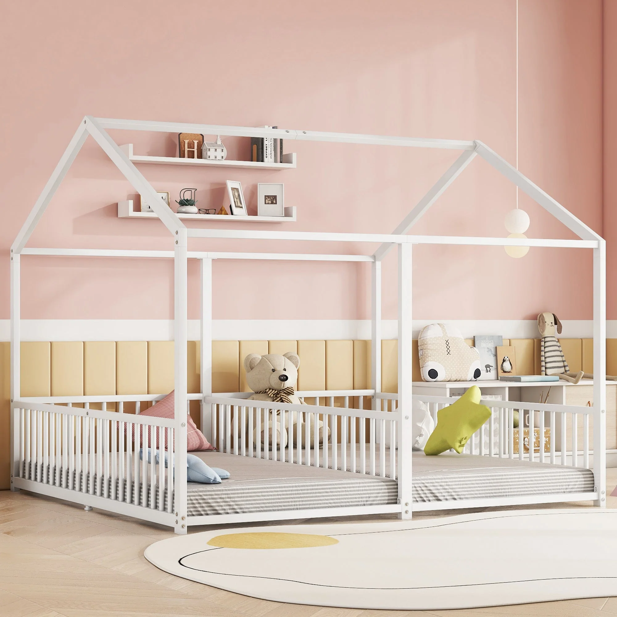 Metal Children's Bed 90x200cm House Design Railing Ladder - White - Image 5
