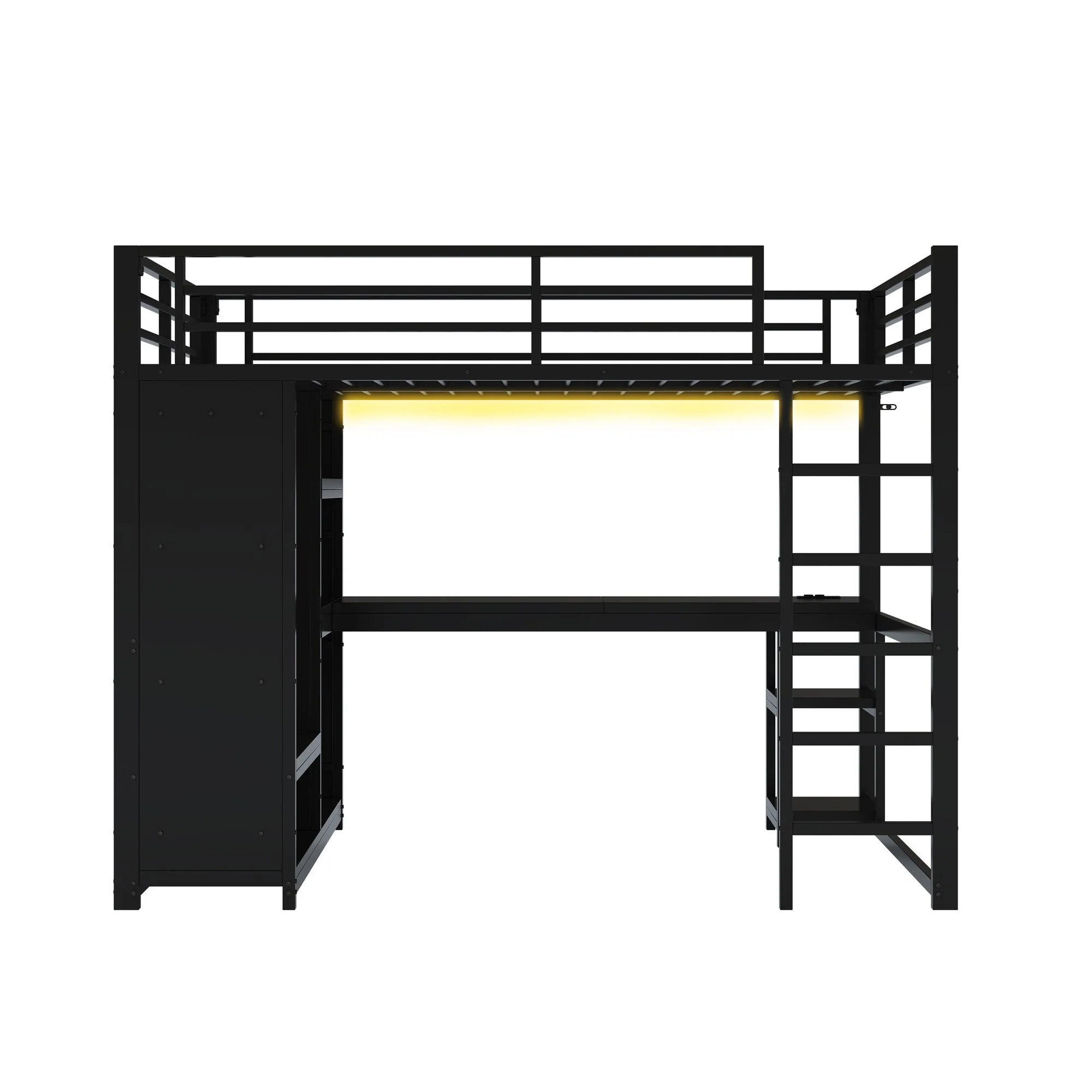 Metal Gaming Loft Bed 140x200 LED Desk Wardrobe Storage - Black - Image 7
