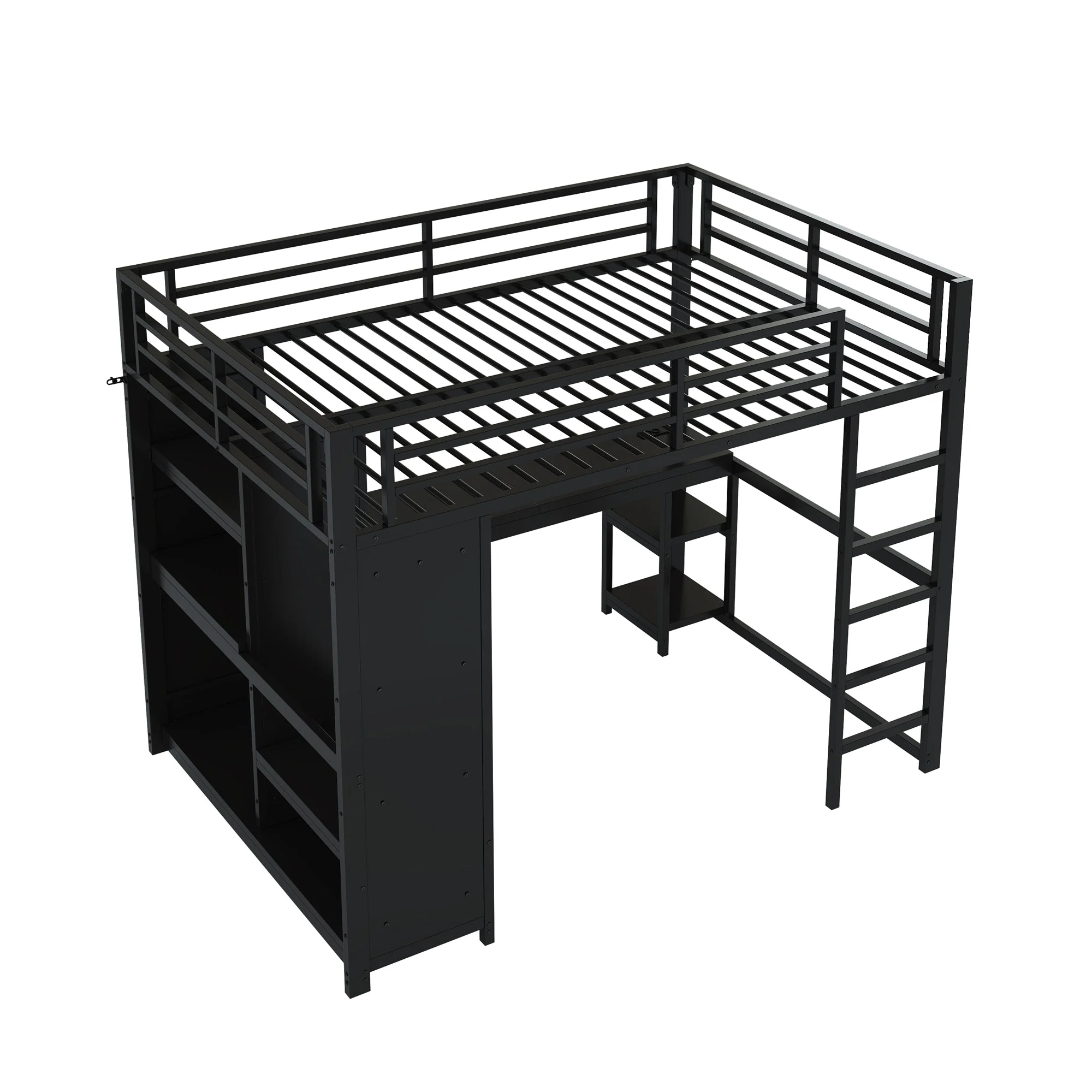 Metal Gaming Loft Bed 140x200 LED Desk Wardrobe Storage - Black - Image 9
