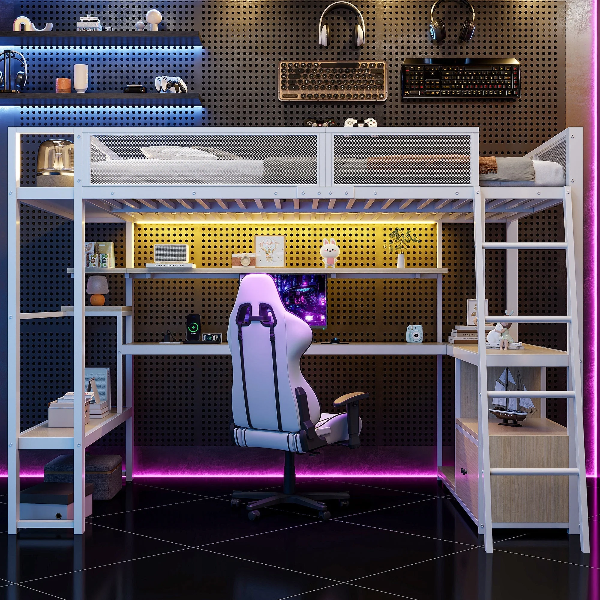 Metal Gaming Loft Bed with Integrated Workspace and LED Lighting, White - Image 2