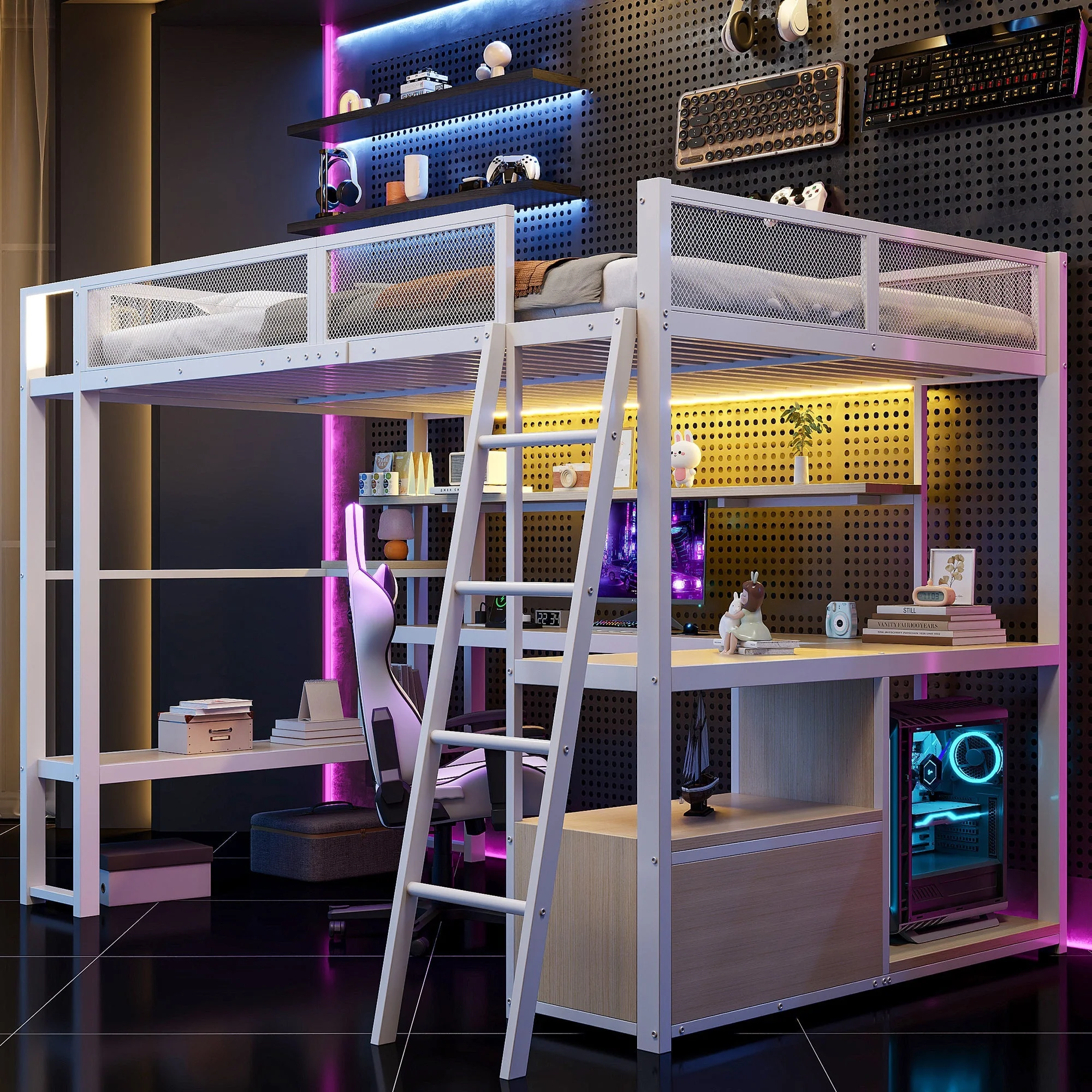 Metal Gaming Loft Bed with Integrated Workspace and LED Lighting, White - Image 3