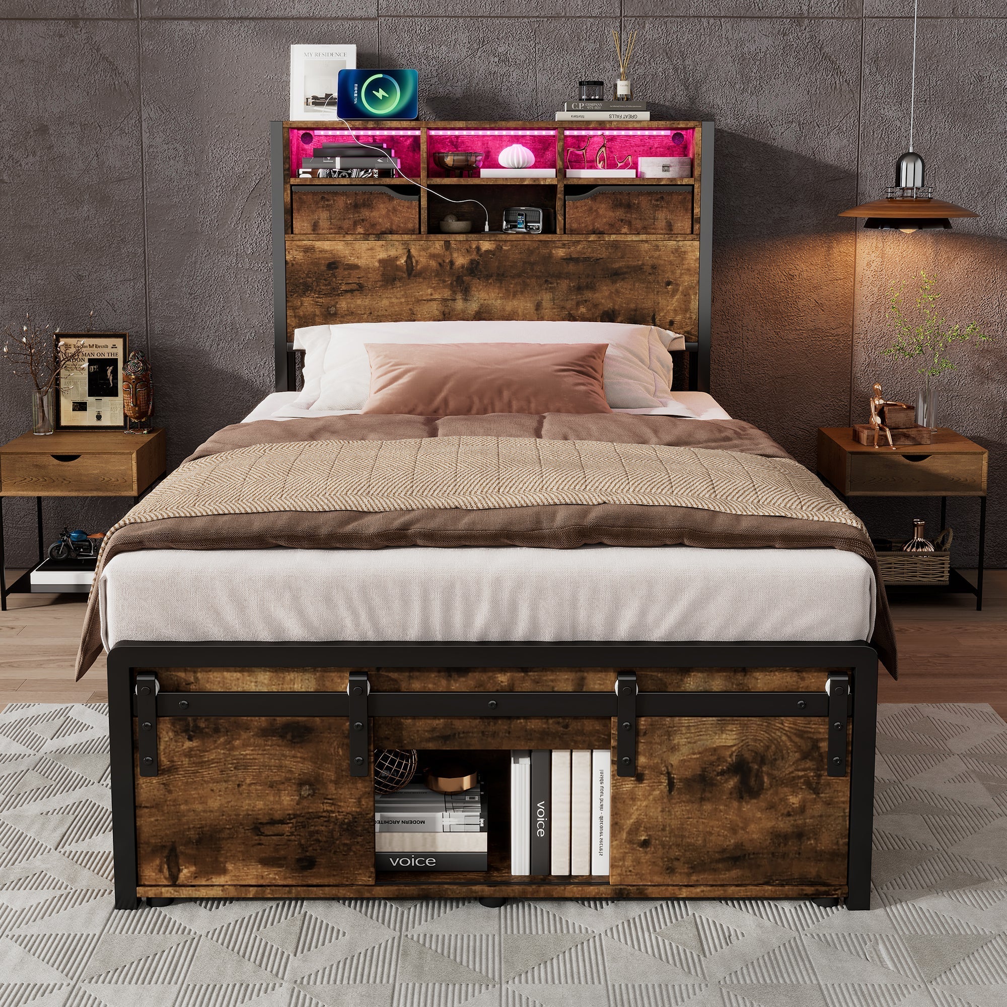 Metal Iron Bed, 3ft Single 90x190cm, with Multi-Color LED Lights, Charging Port (2A/1C), Storage, Black Wood - Image 3