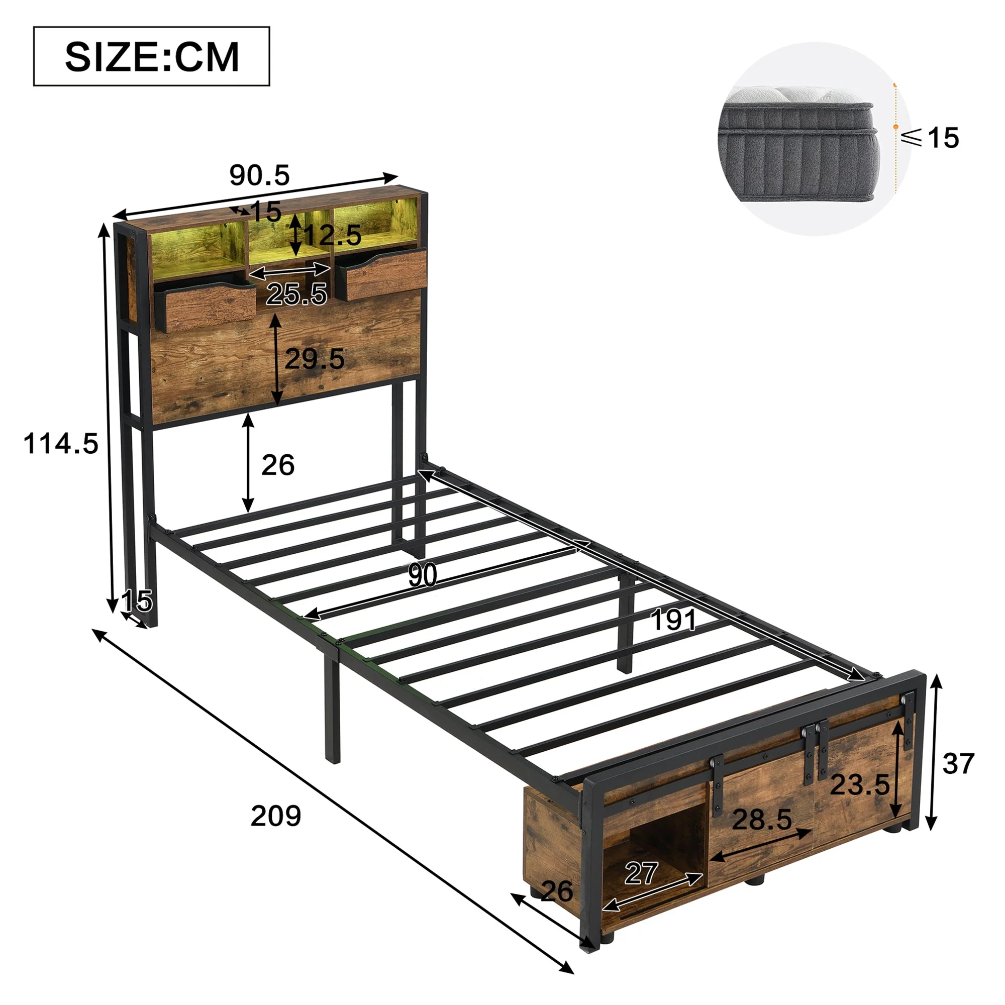 Metal Iron Bed, 3ft Single 90x190cm, with Multi-Color LED Lights, Charging Port (2A/1C), Storage, Black Wood - Image 4