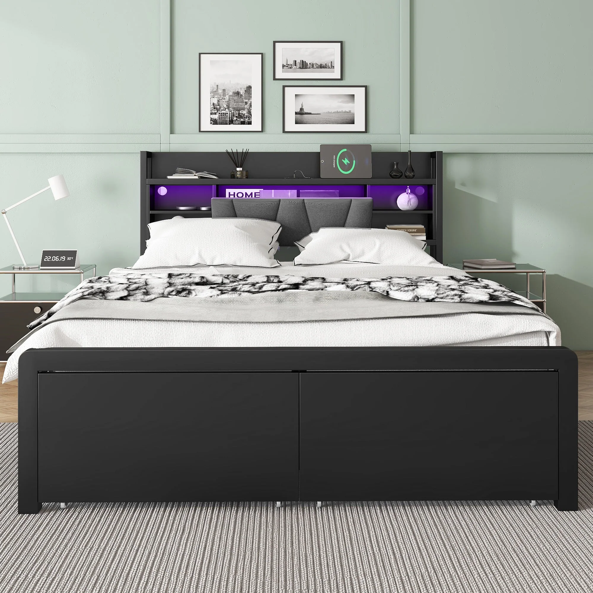 Metal Iron Bed 4ft6 Double 135x190cm with LED Lights & Charging Port, 2 Drawers & Storage Headboard, Black - Image 2