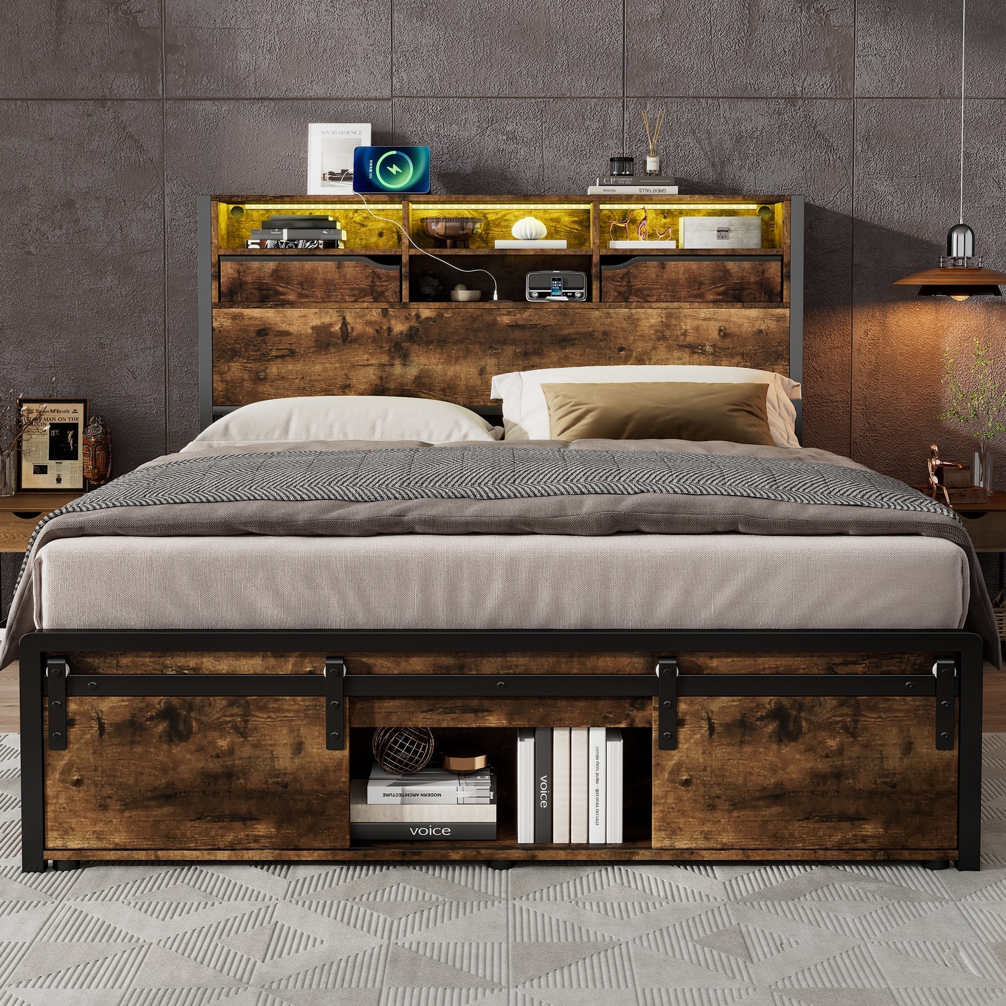 Metal Iron Bed 4ft6 Double 135x190cm with Multi-Color LED Lights, Charging Port (2A/1C), Storage, Black + Wood - Image 3
