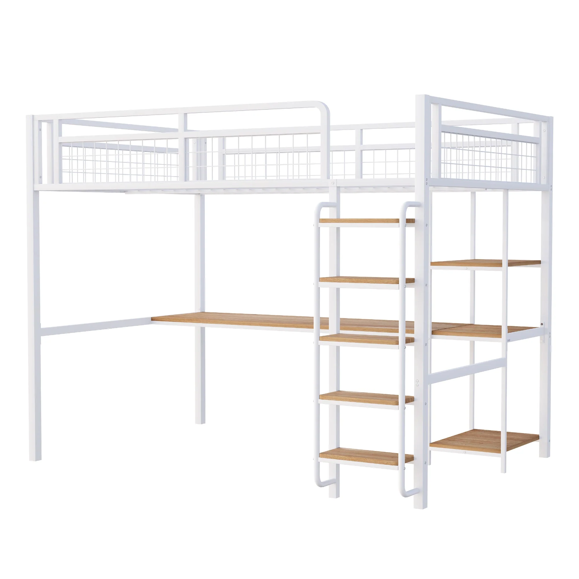 Metal Loft Bed 140*200 cm with Ladder, Table & Shelf, White - Image 10