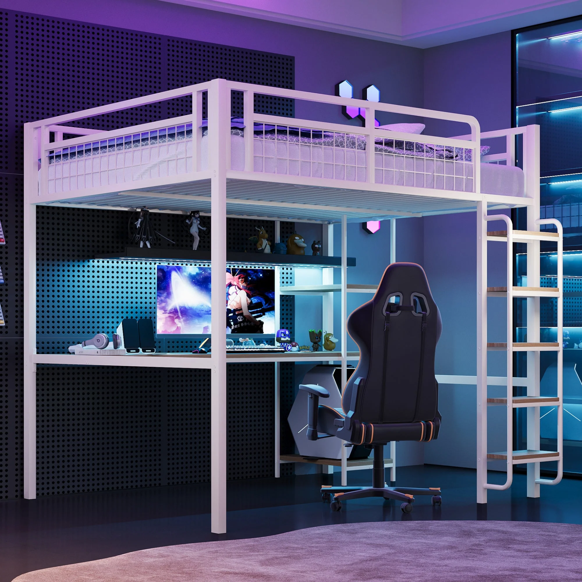 Metal Loft Bed 140*200 cm with Ladder, Table & Shelf, White - Image 2