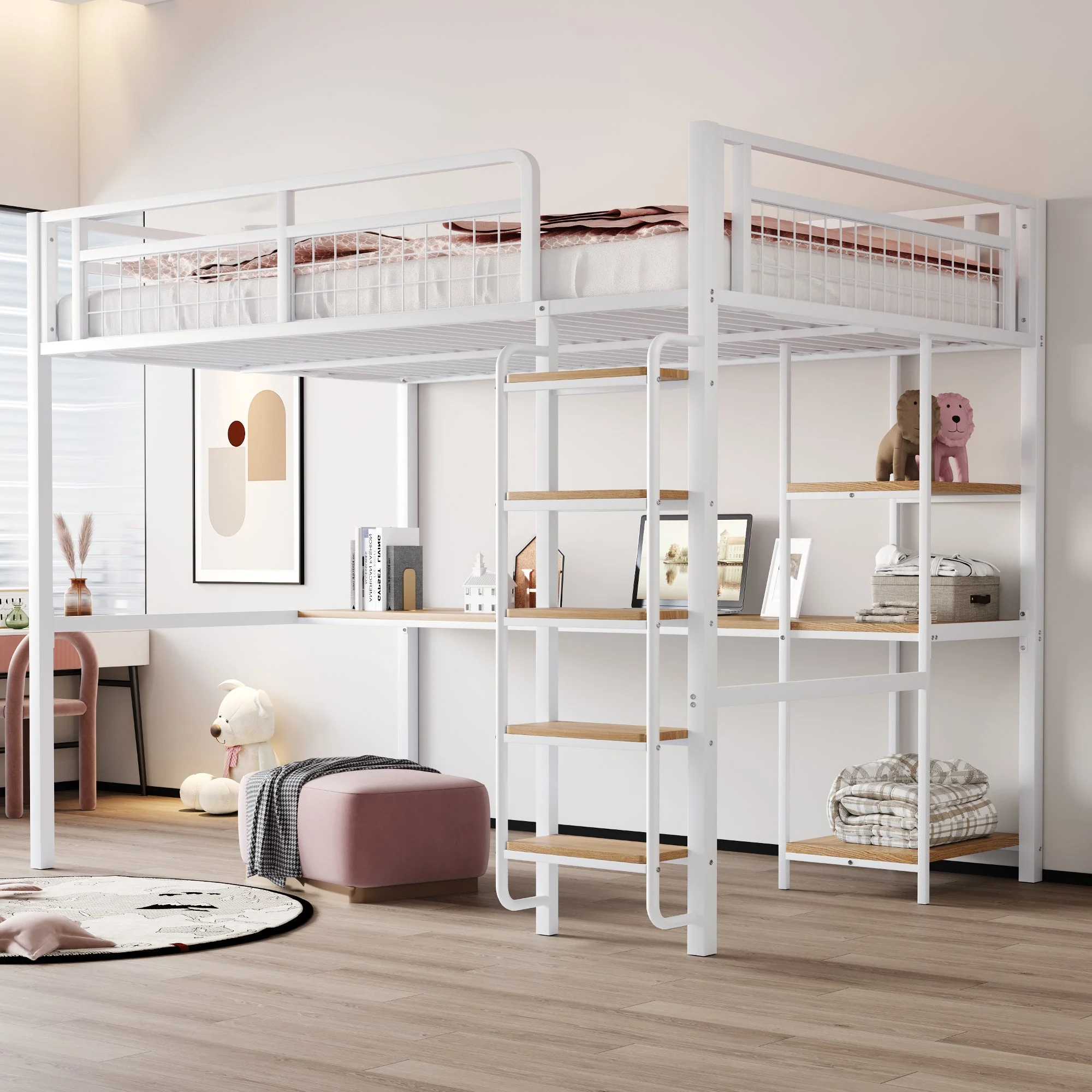 Metal Loft Bed 140*200 cm with Ladder, Table & Shelf, White - Image 6