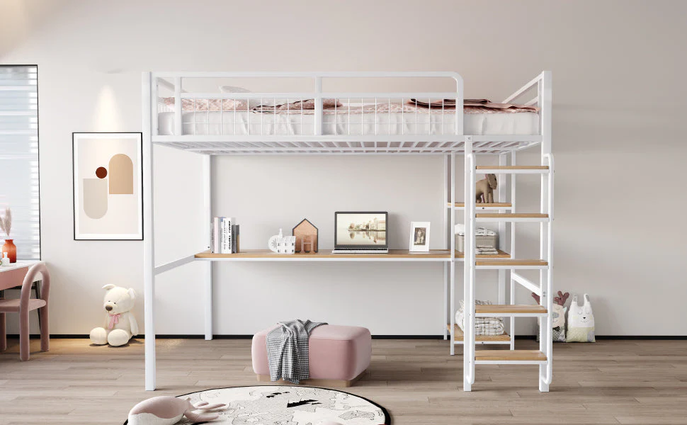 Metal Loft Bed 140*200 cm with Ladder, Table & Shelf, White - Image 8