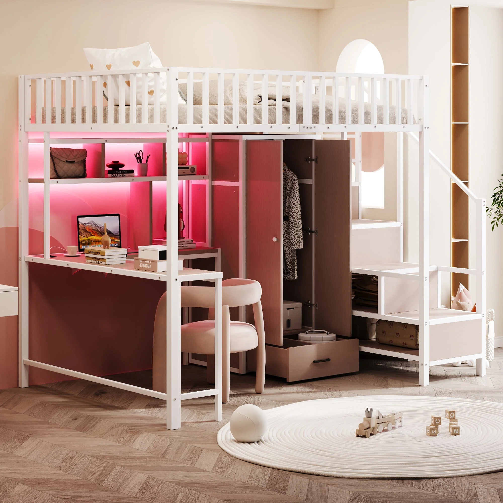 Metal Loft Bed 140 x 200 cm with Desk, Wardrobe, Storage Ladder and LED, White Metal Frame