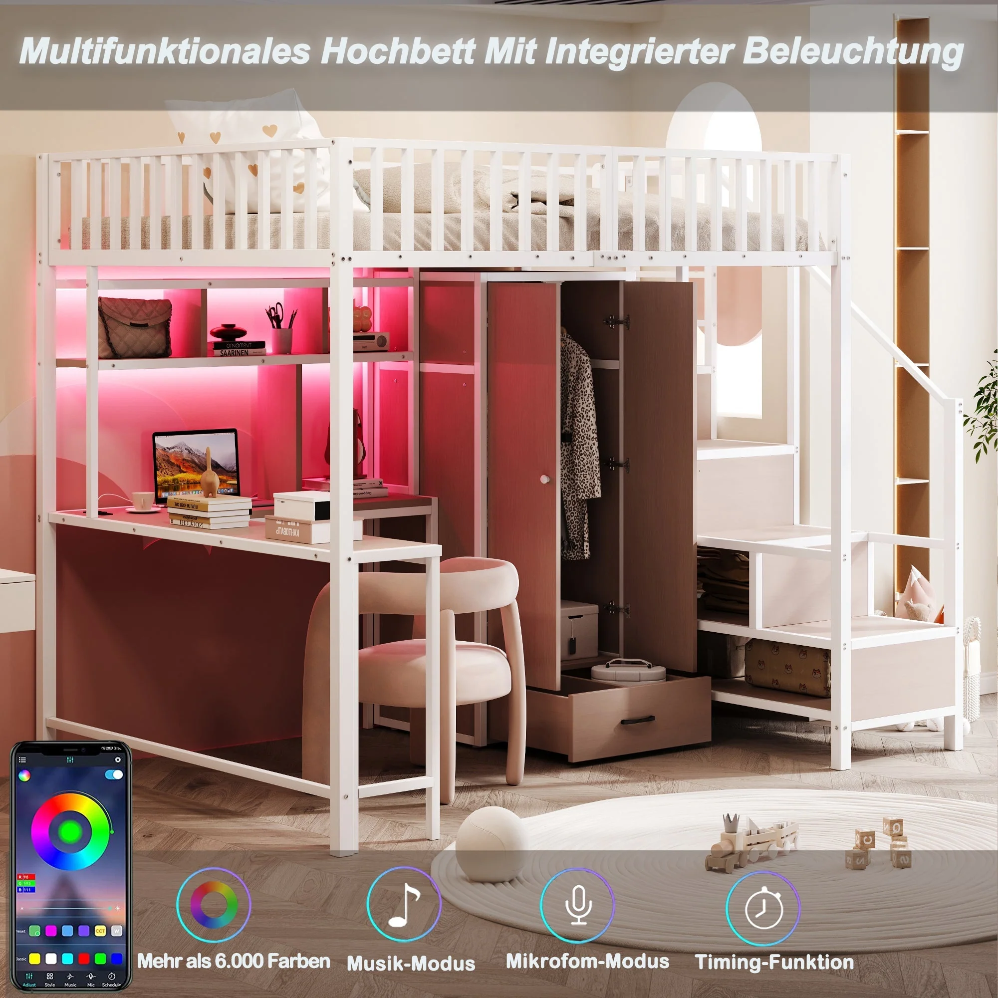Metal Loft Bed 140 x 200 cm with Desk, Wardrobe, Storage Ladder and LED, White Metal Frame - Image 5