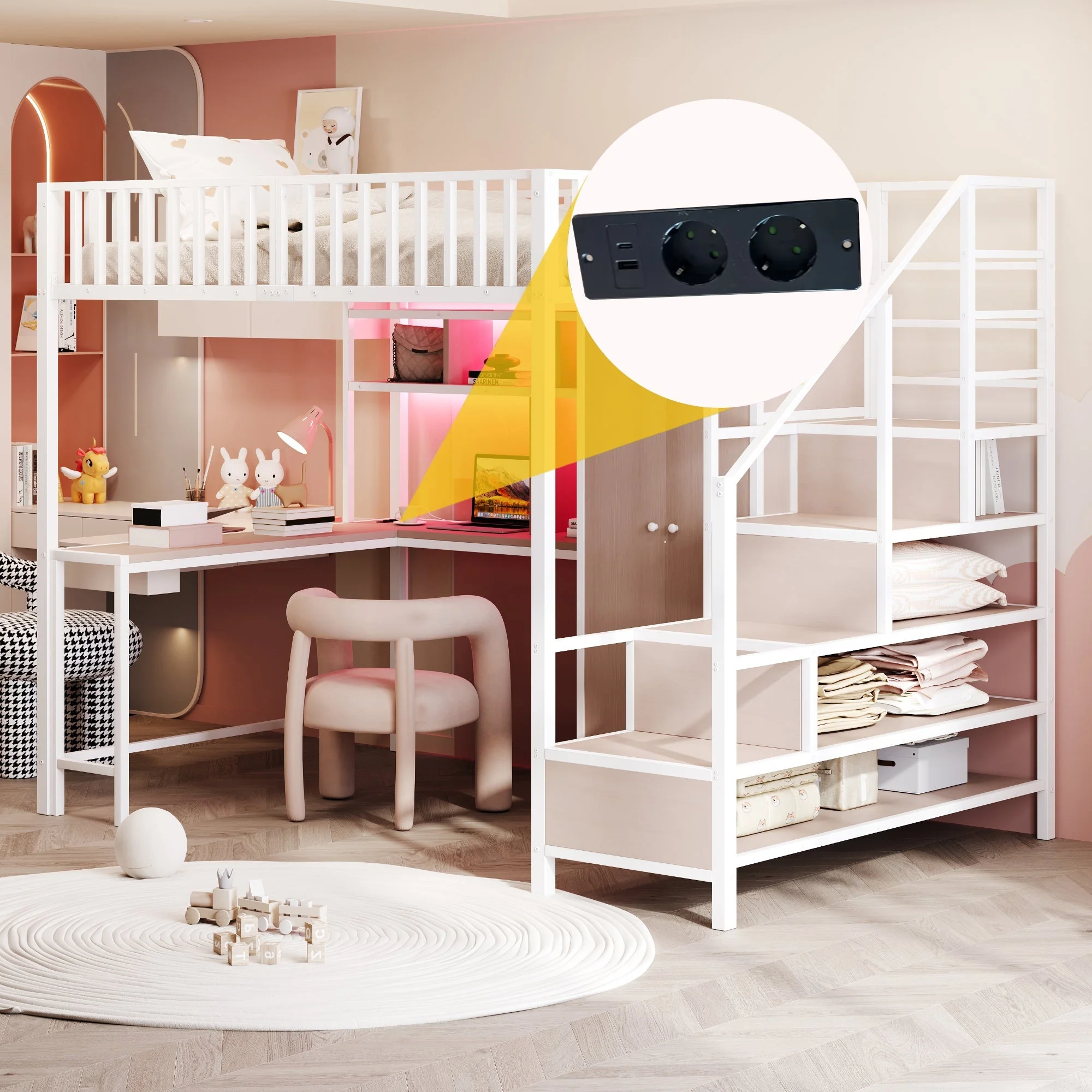 Metal Loft Bed 140 x 200 cm with Desk, Wardrobe, Storage Ladder and LED, White Metal Frame - Image 6