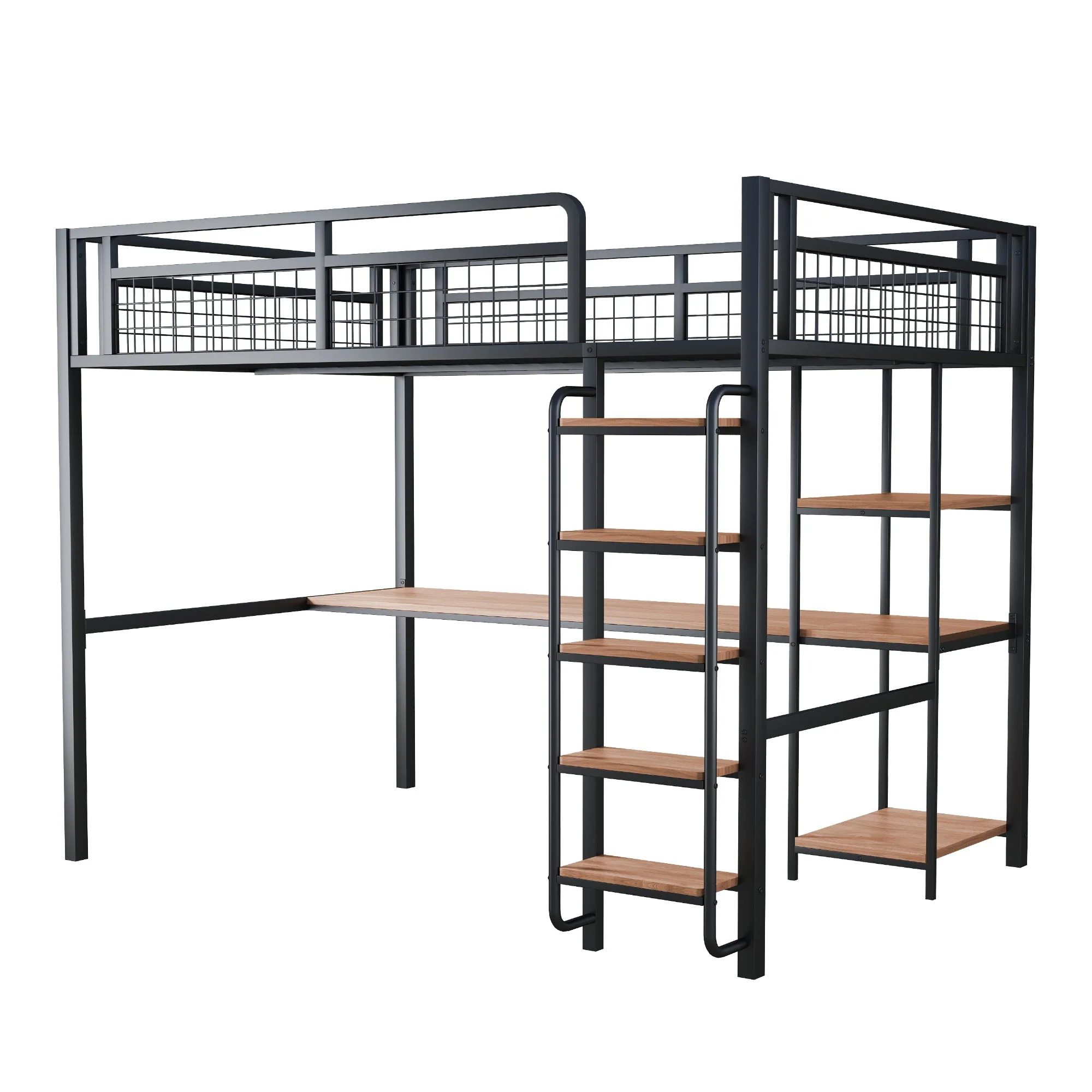 Metal Loft Bed, 140x200 cm with Ladder, Desk & Shelf, Black - Image 10