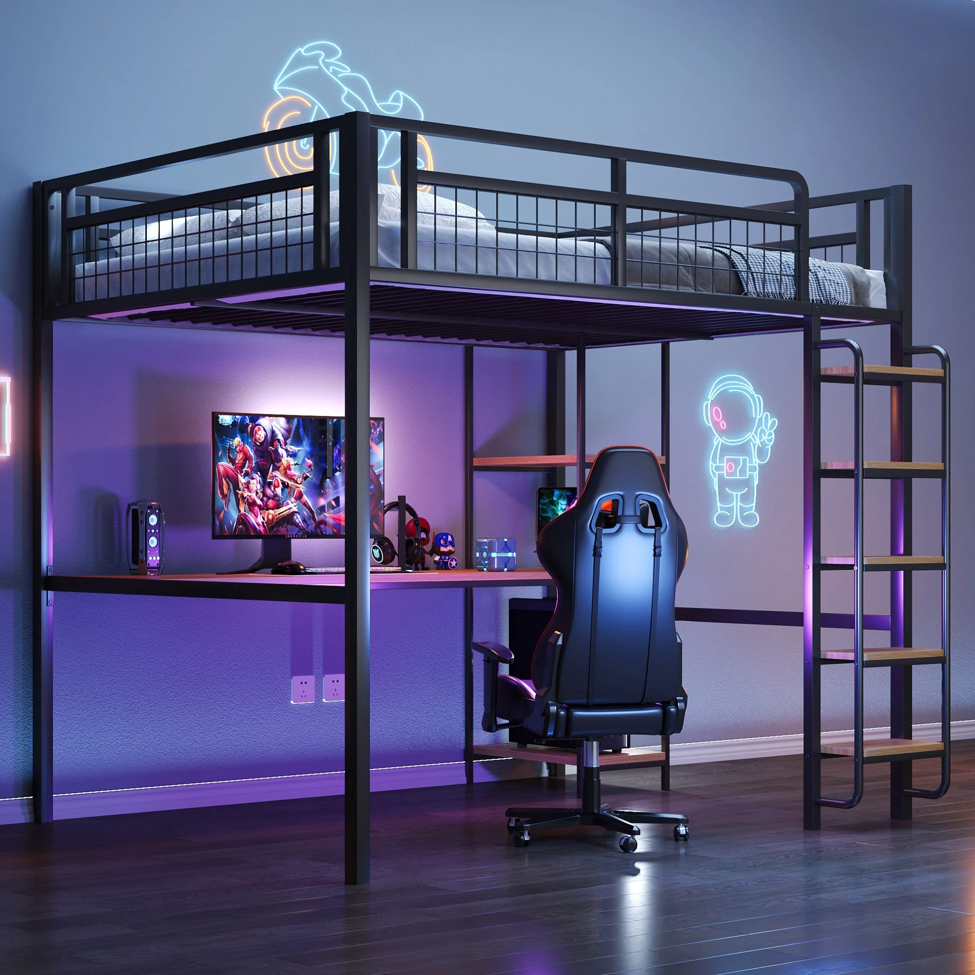 Metal Loft Bed, 140x200 cm with Ladder, Desk & Shelf, Black - Image 2