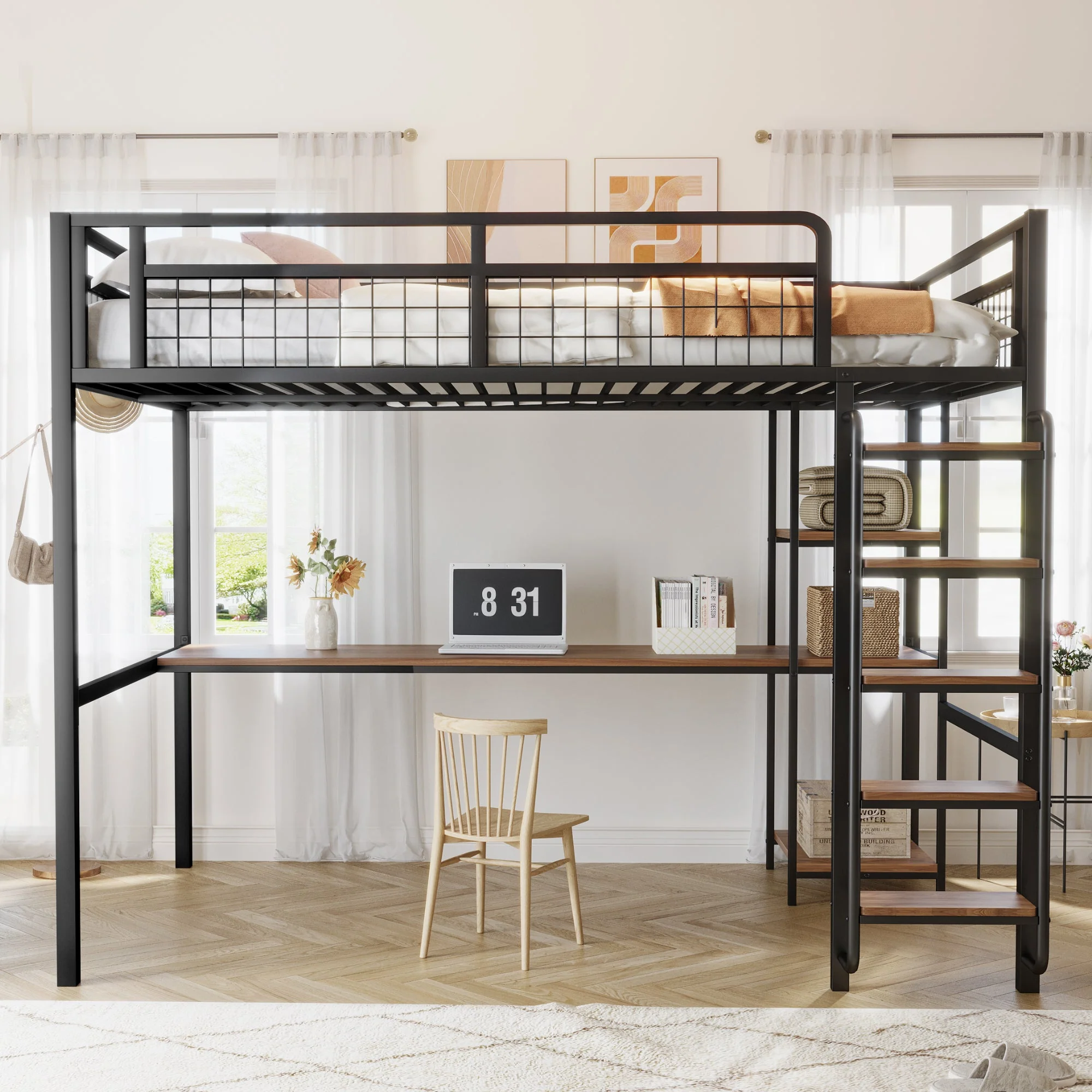 Metal Loft Bed, 140x200 cm with Ladder, Desk & Shelf, Black - Image 3