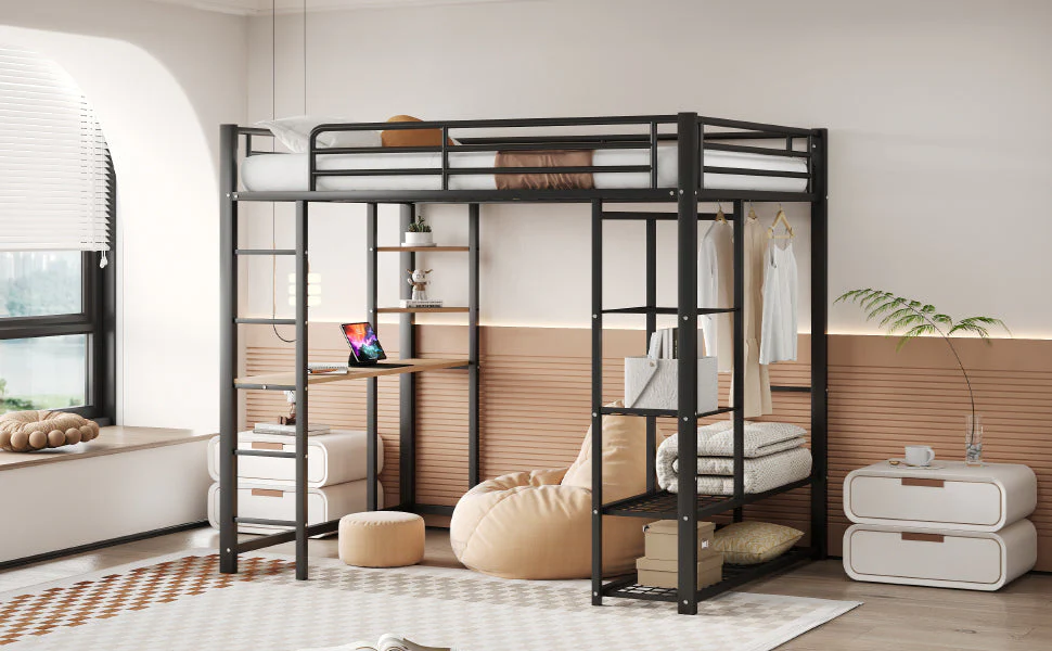 Metal Loft Bed, 140x200 cm, with Ladder, Table, and Storage, Black - Image 10