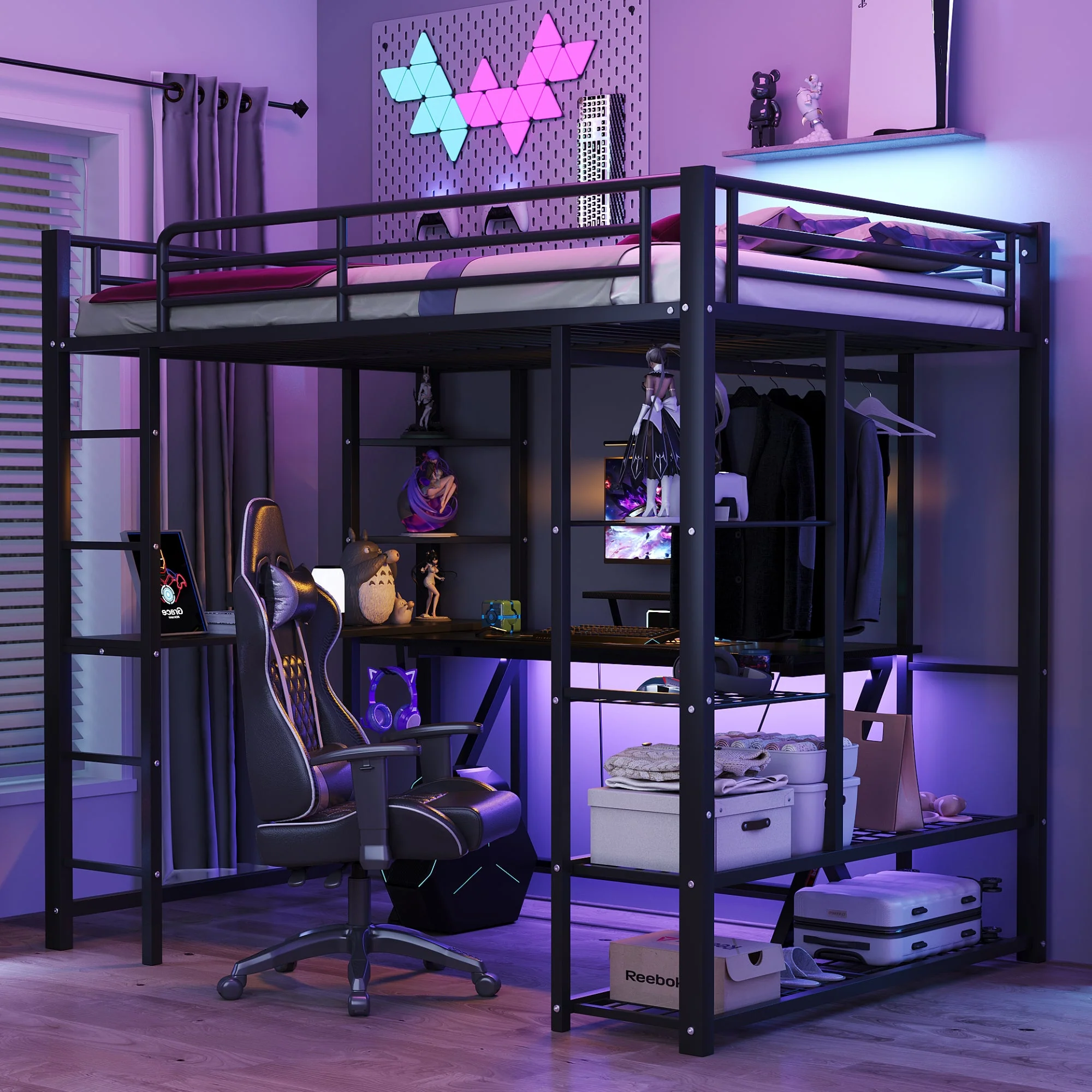 Metal Loft Bed, 140x200 cm, with Ladder, Table, and Storage, Black - Image 3