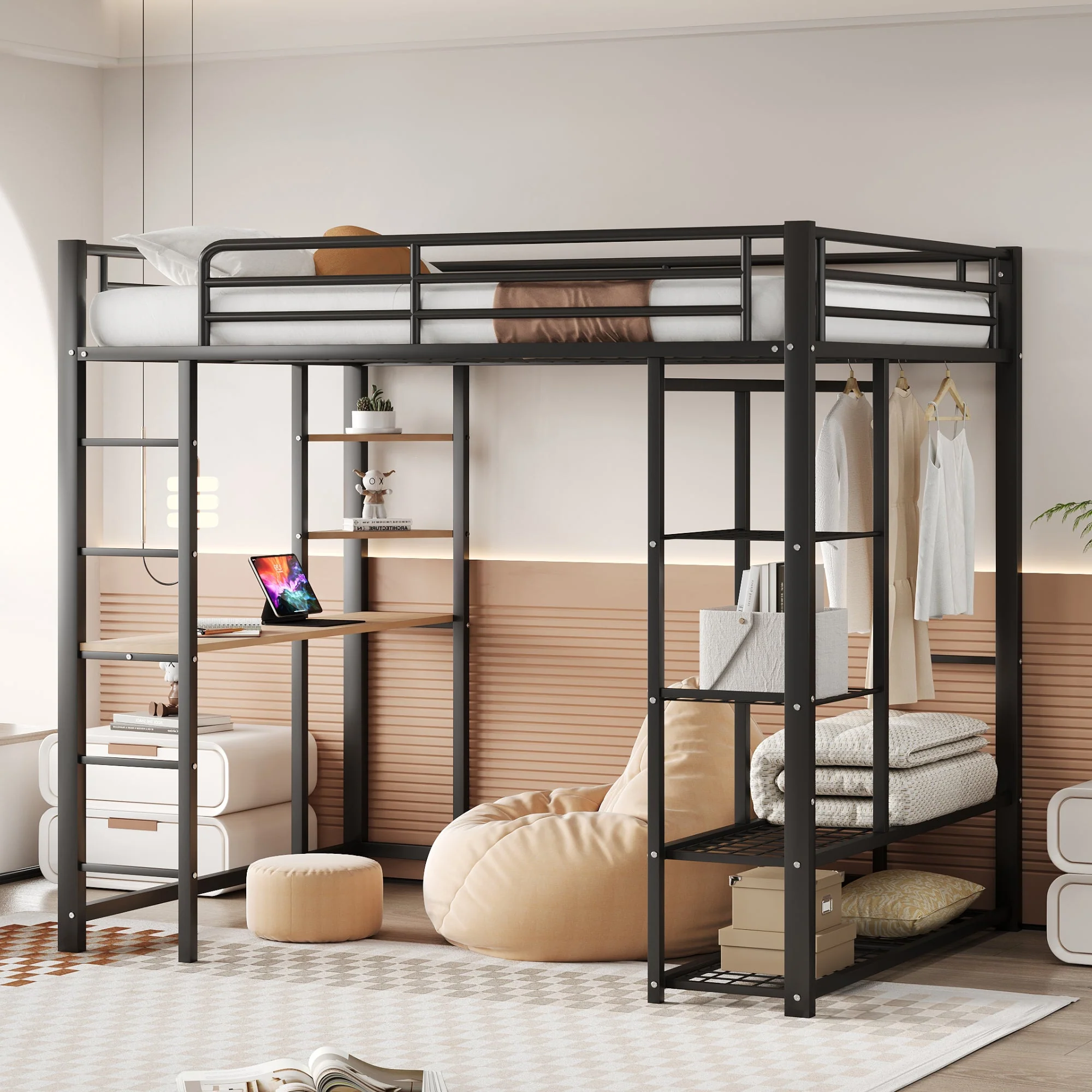 Metal Loft Bed, 140x200 cm, with Ladder, Table, and Storage, Black - Image 6