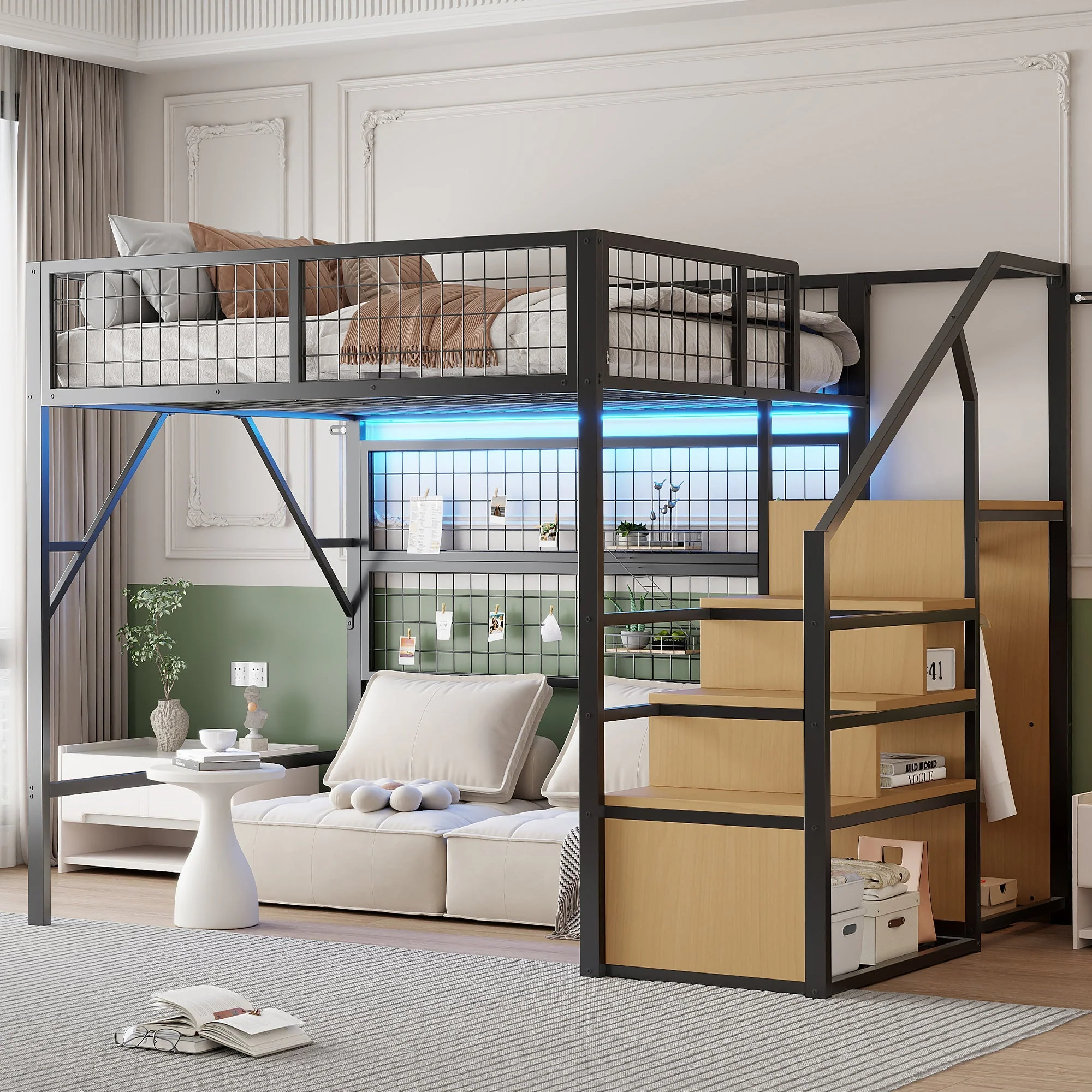 Metal Loft Bed 140x200 LED Lights Storage Open Wardrobe, Black