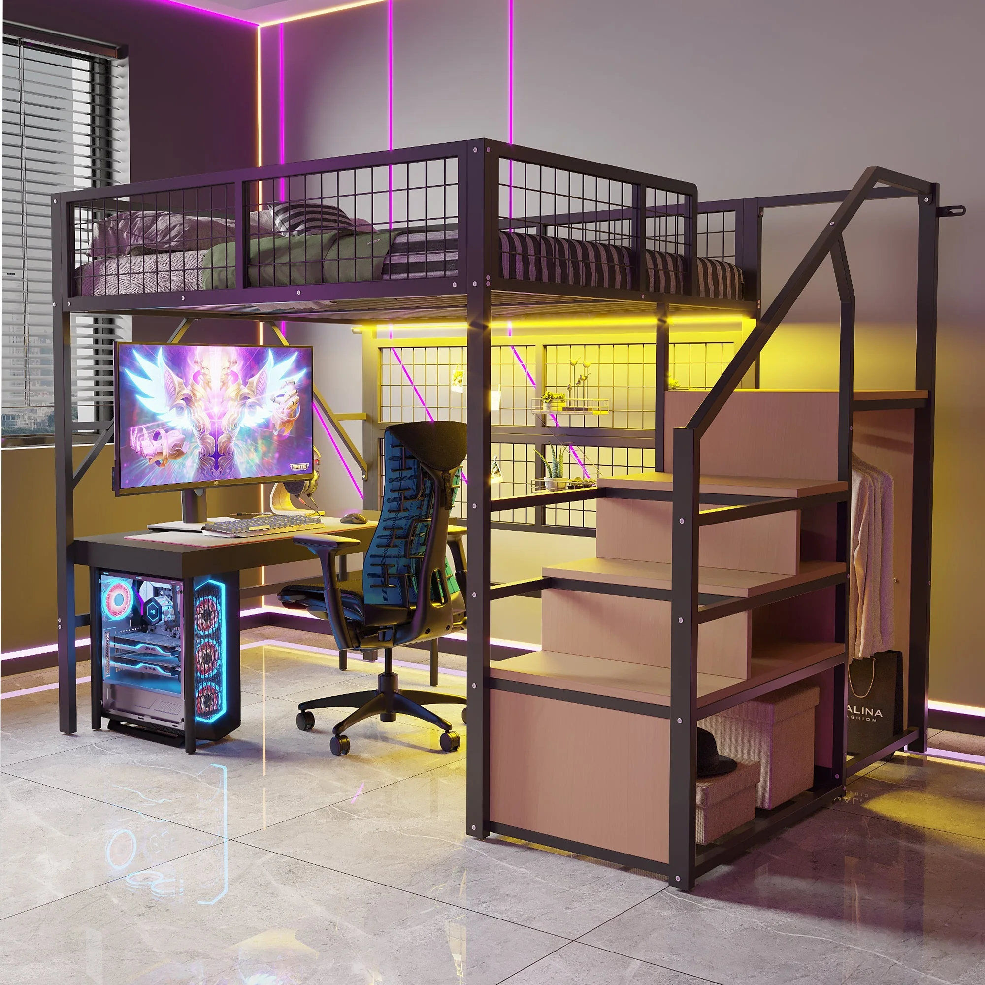 Metal Loft Bed 140x200 LED Lights Storage Open Wardrobe, Black - Image 7