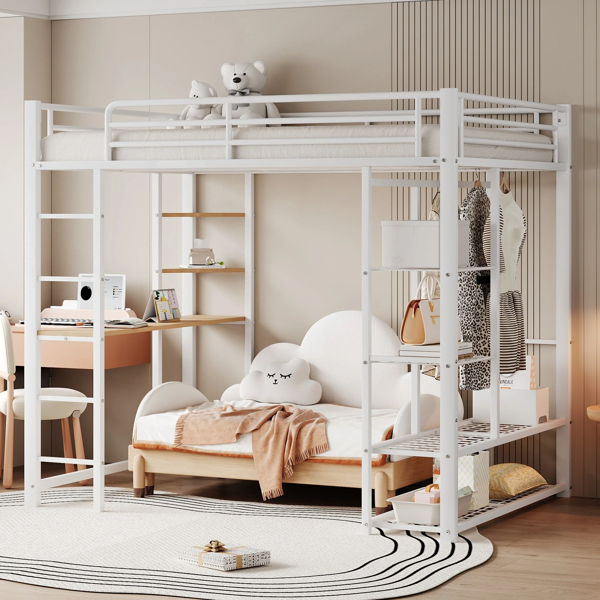 Metal Loft Bed, 140x200cm Junior Double with Desk & Storage, White - Image 6