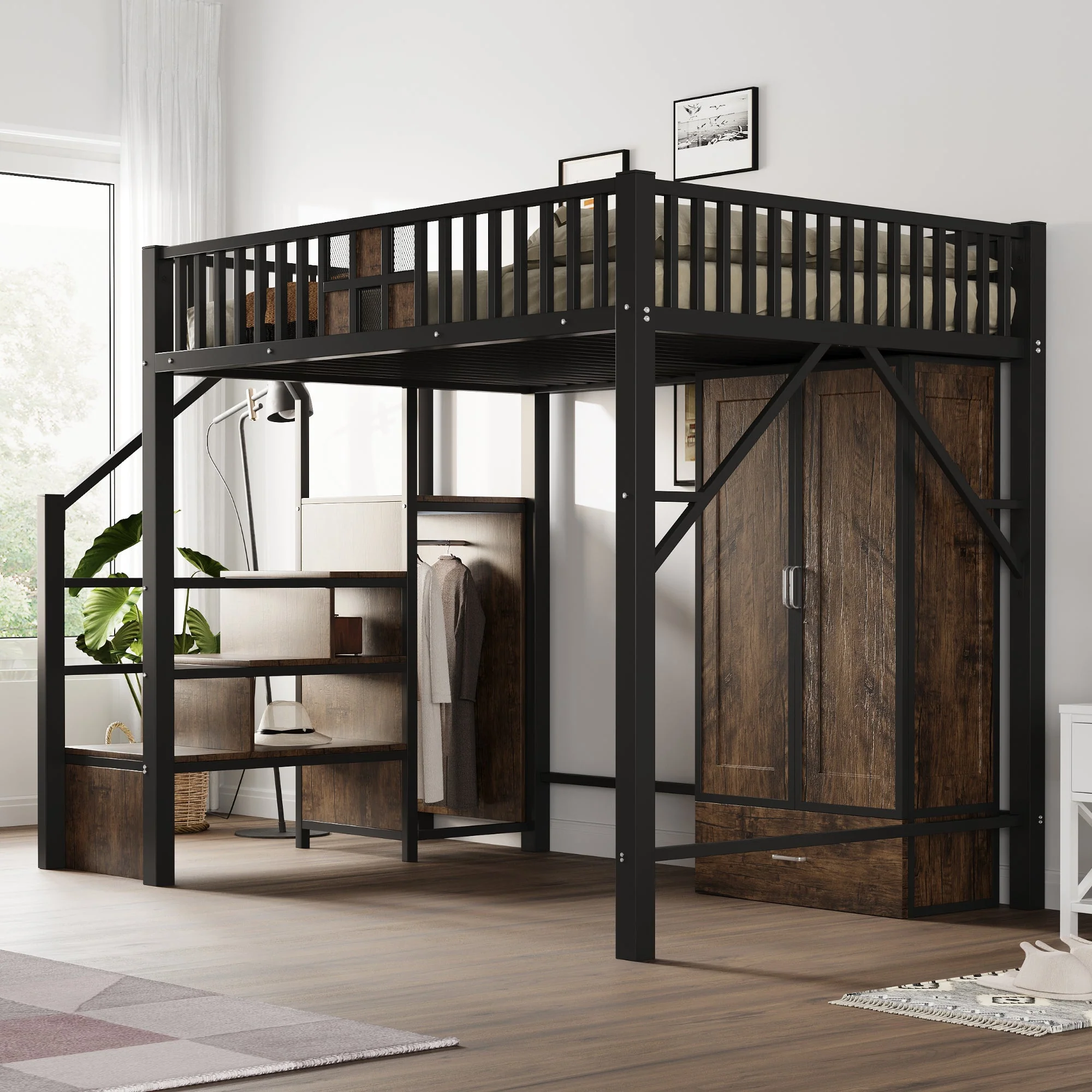 Metal Loft Bed 140x200cm, Wardrobe, Drawers & Storage Ladder, Black Wood & Metal - Image 3