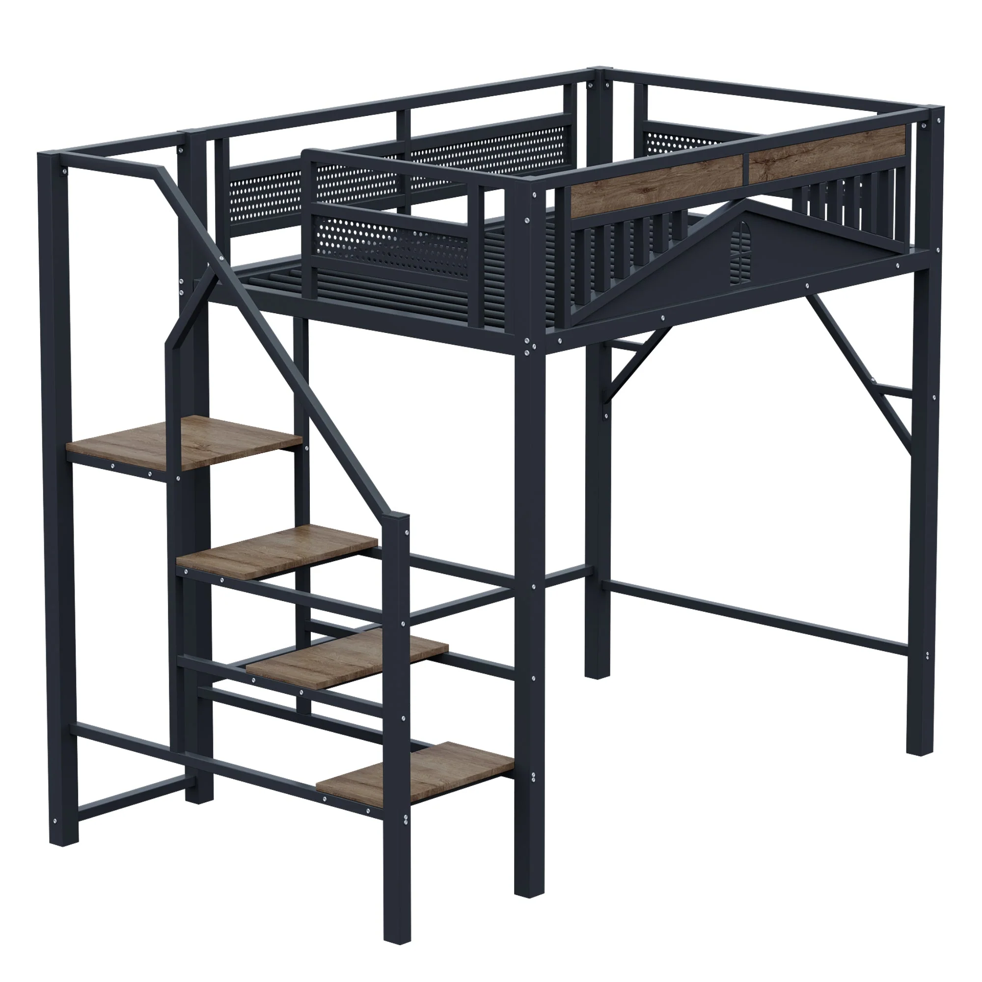 Metal Loft Bed, 140x200cm, Window Design, Safety Ladder, Storage, Black - Image 10