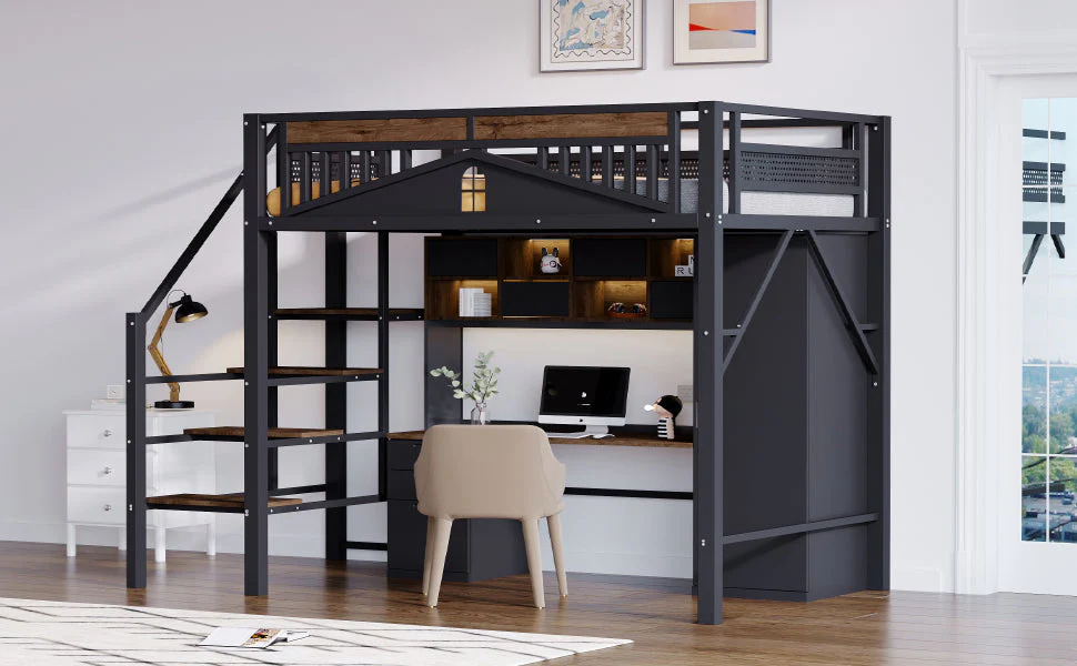 Metal Loft Bed, 140x200cm, Window Design, Safety Ladder, Storage, Black - Image 6