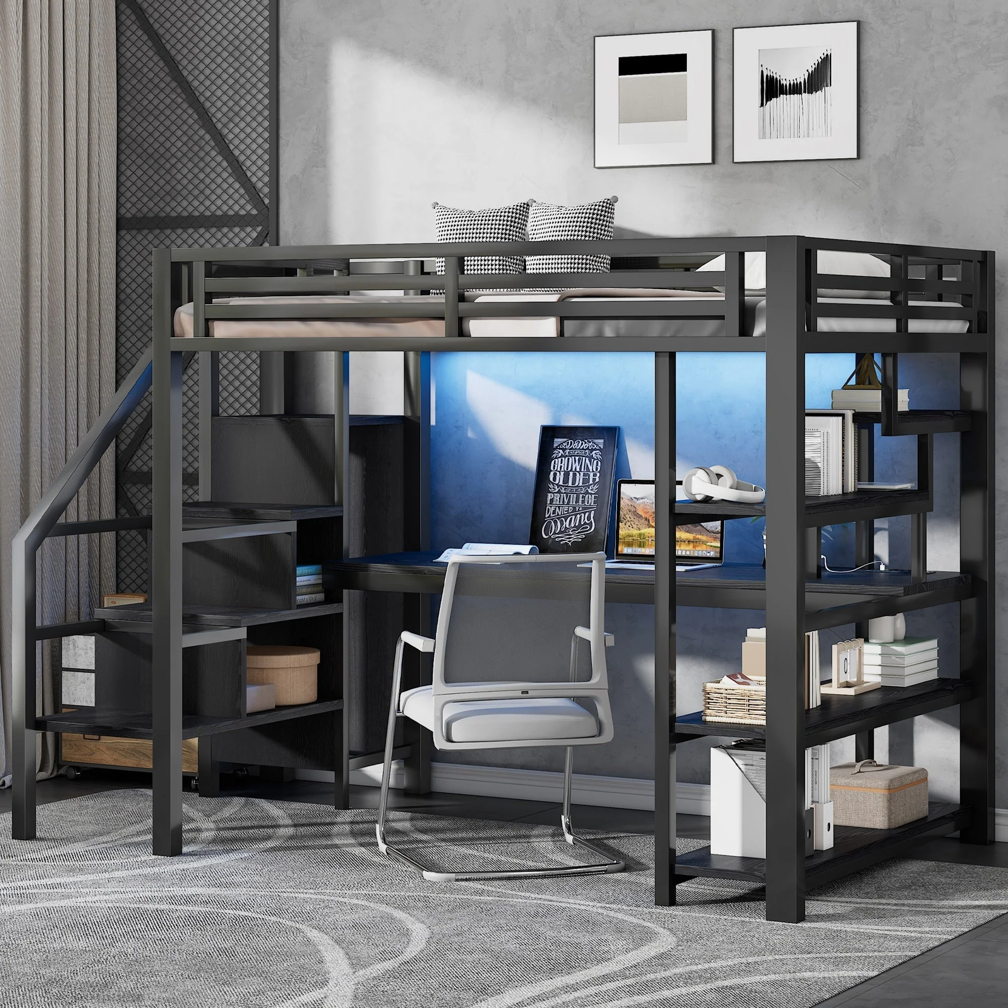 Metal Loft Bed 140x200cm with Stairs, Integrated Desk, Wardrobe, USB Charging and LED Lighting, Black - Image 3