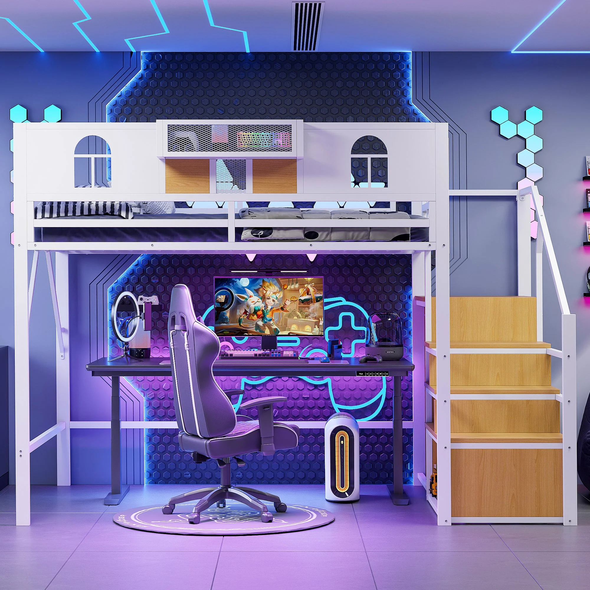 Metal Loft Bed 140x200cm with Storage Ladder & Desk, White Metal Frame - Image 3