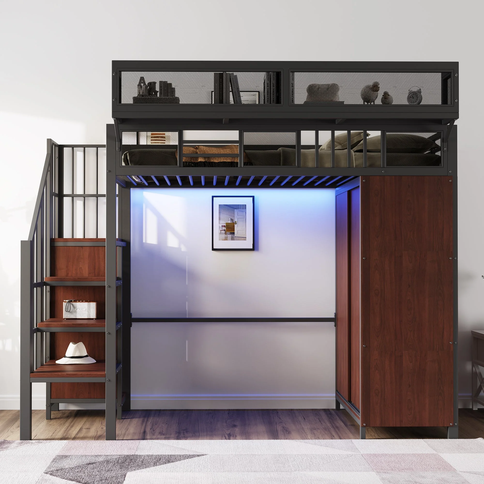 Metal Loft Bed 90 x 200 cm with Wardrobe, Safety Ladder and LED Lighting, Black - Image 2