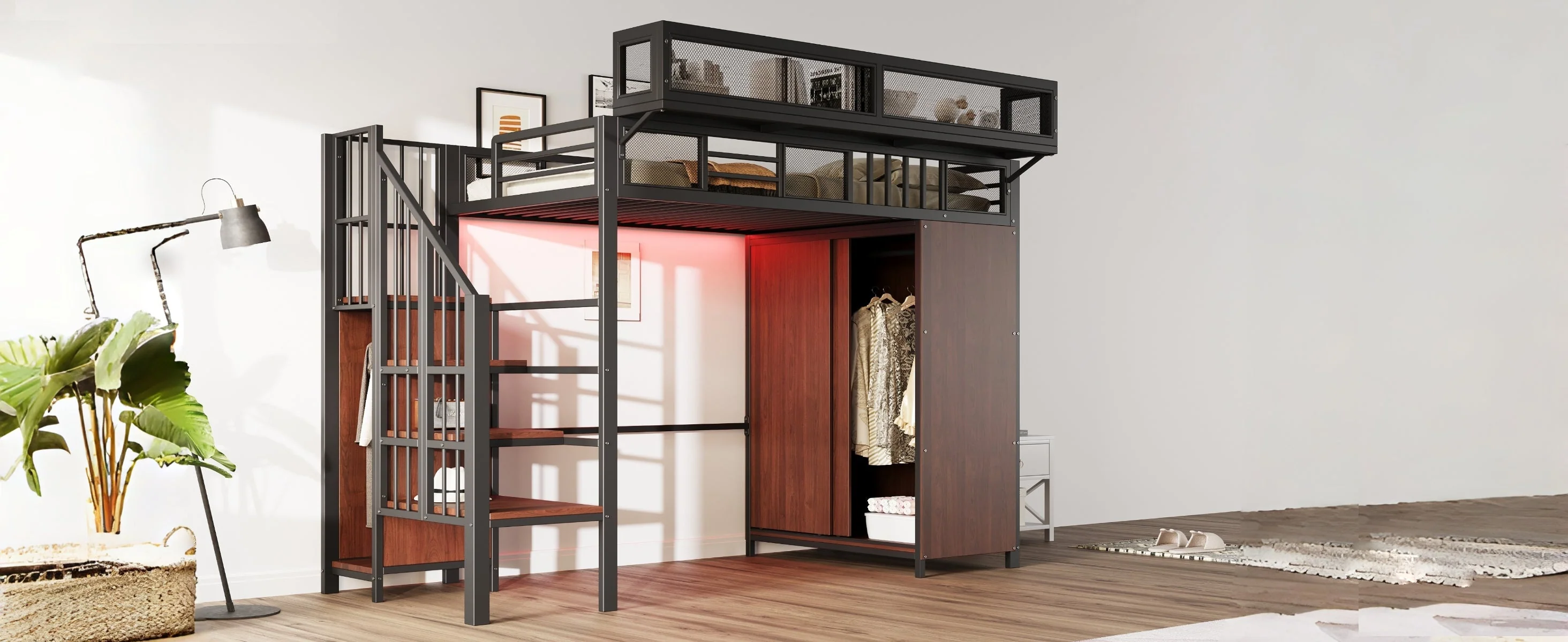 Metal Loft Bed 90 x 200 cm with Wardrobe, Safety Ladder and LED Lighting, Black - Image 7
