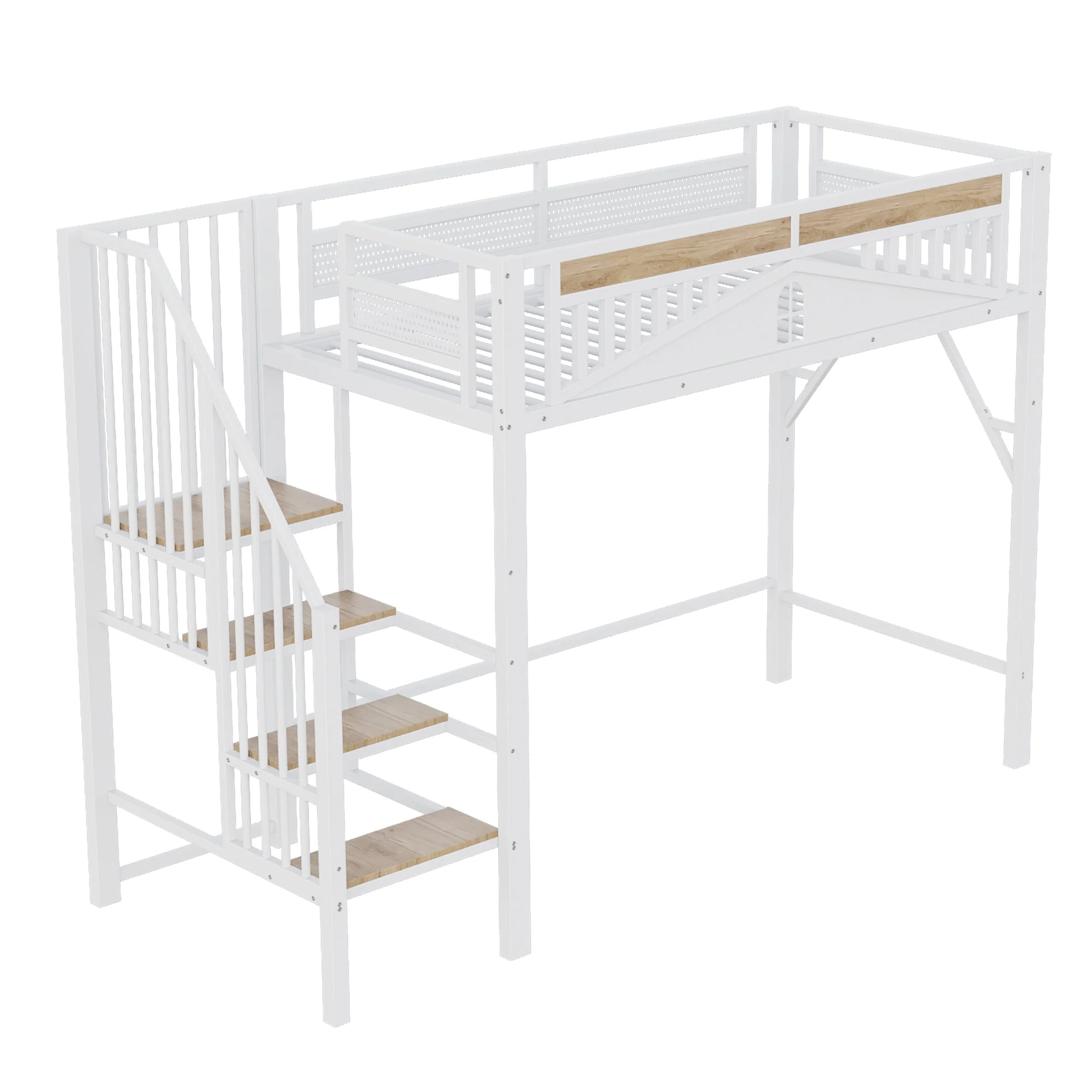 Metal Loft Bed, 90x200cm, Safety Rail with Window & Ladder, White - Image 10