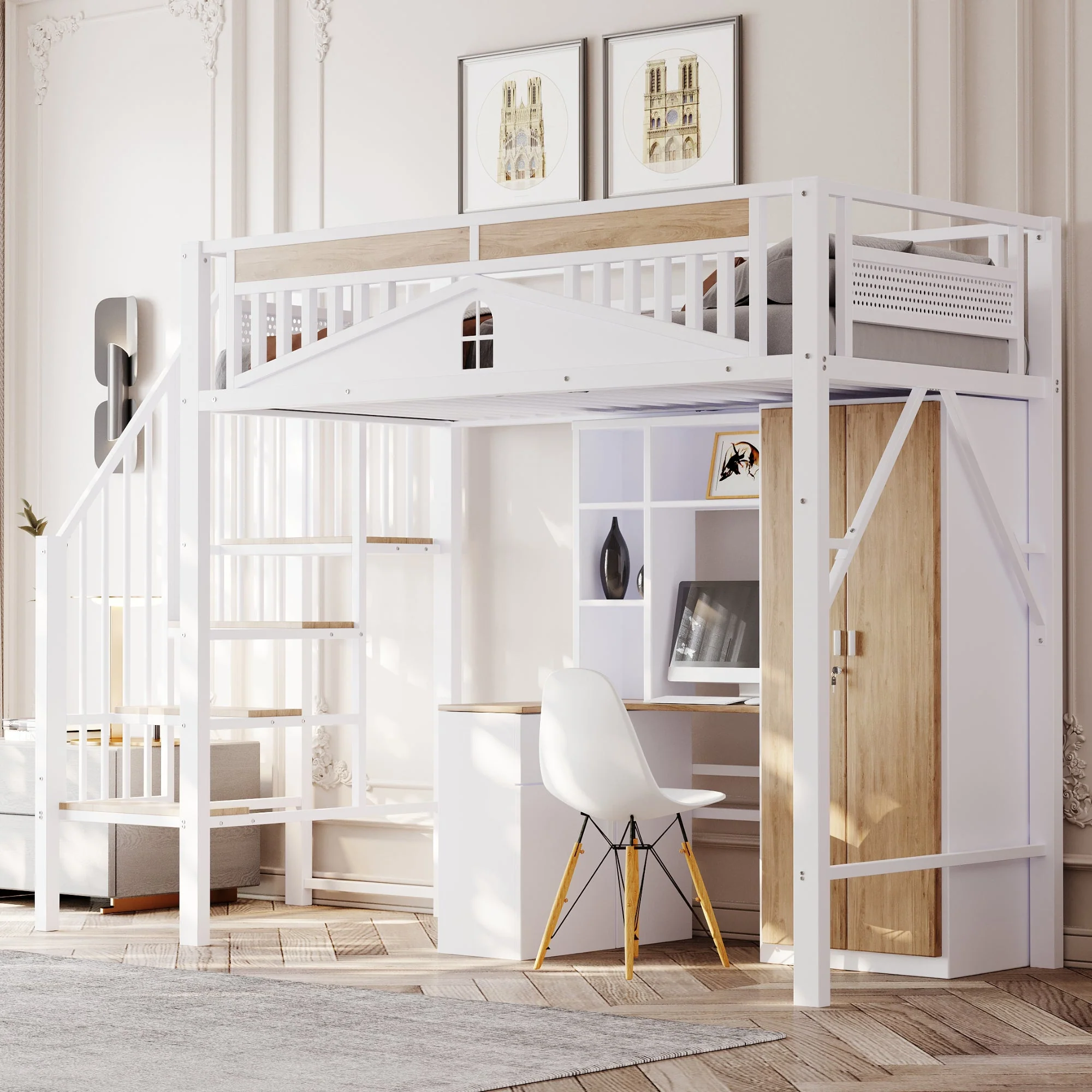 Metal Loft Bed, 90x200cm, Safety Rail with Window & Ladder, White - Image 3