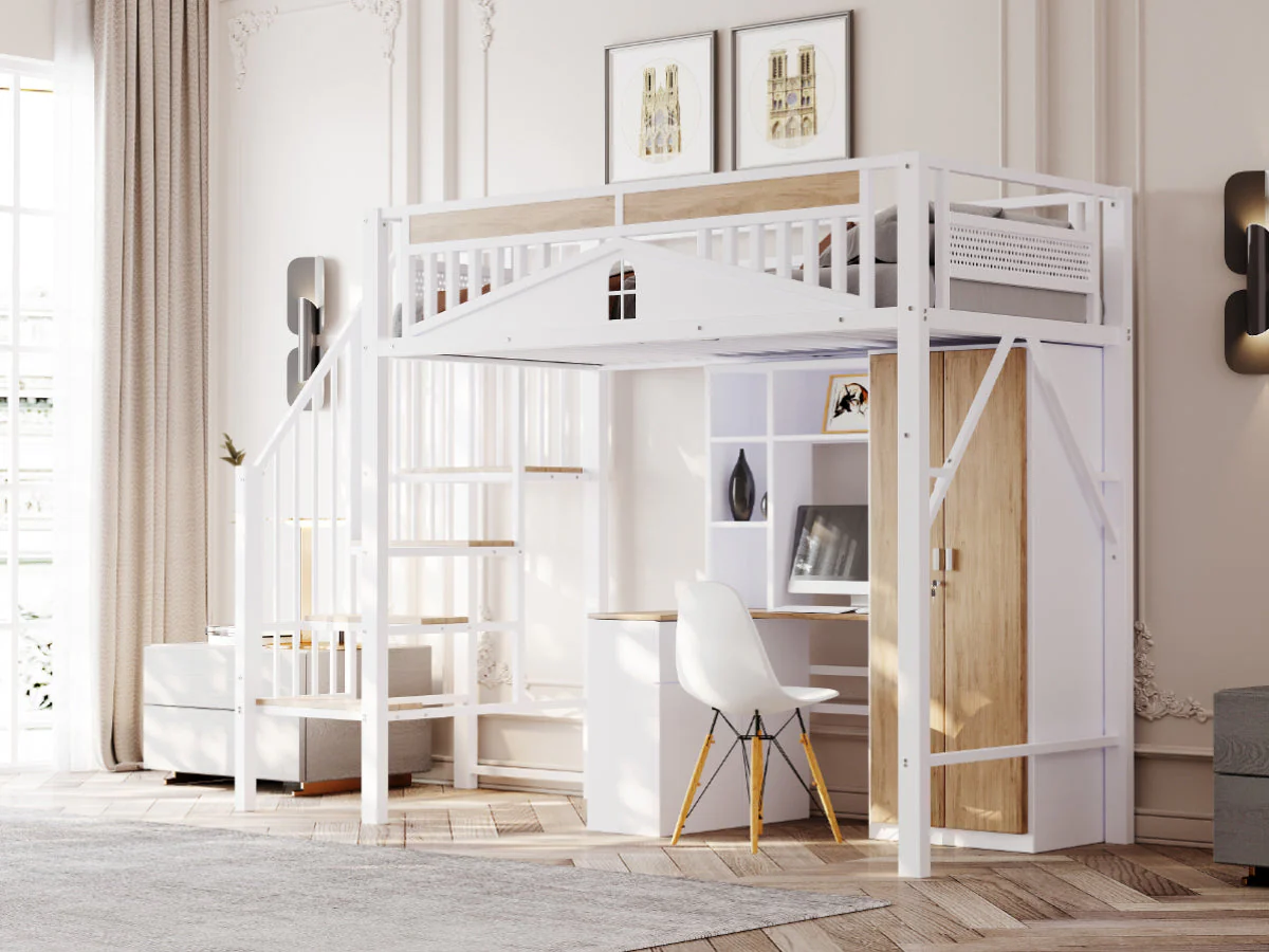 Metal Loft Bed, 90x200cm, Safety Rail with Window & Ladder, White - Image 6
