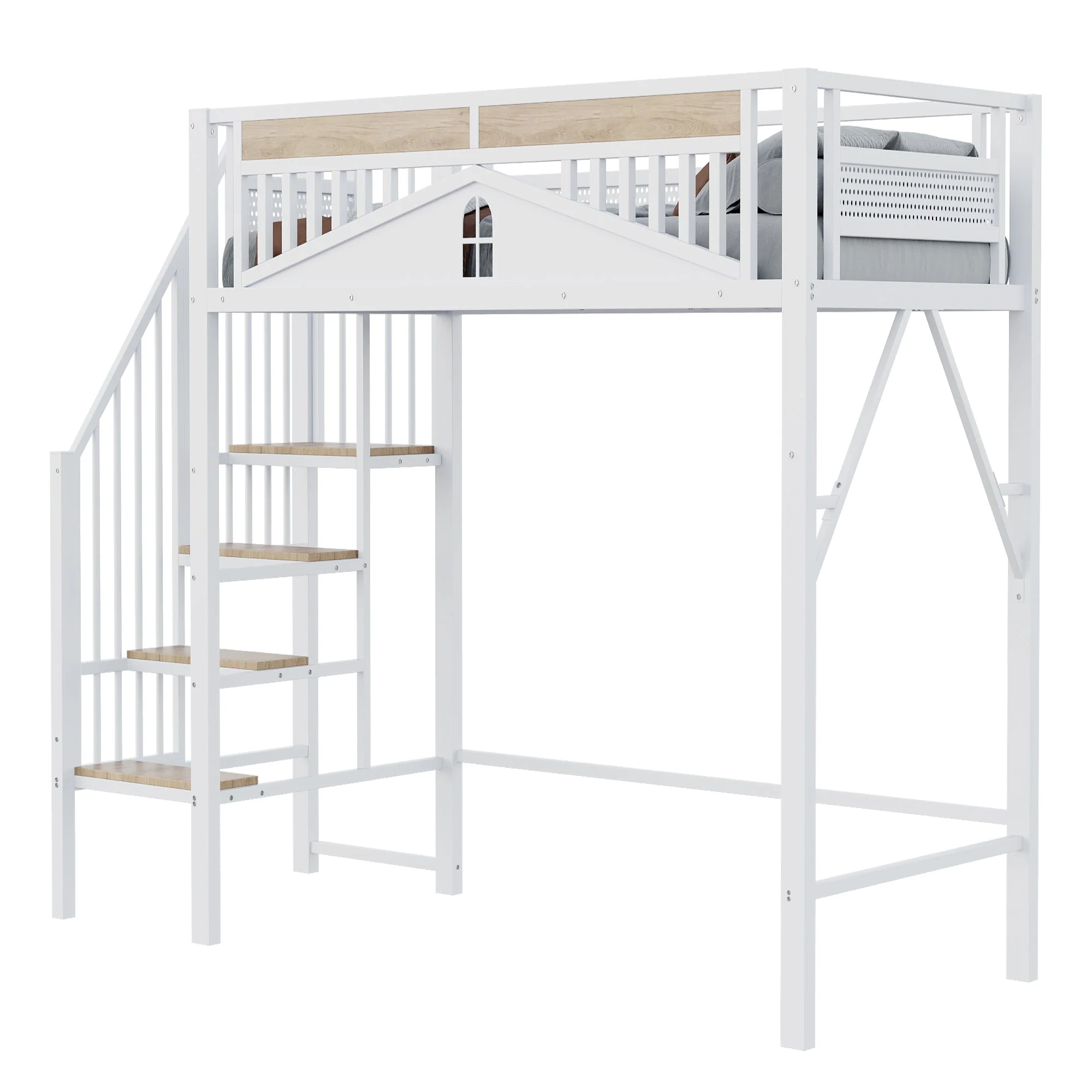 Metal Loft Bed, 90x200cm, Safety Rail with Window & Ladder, White - Image 9