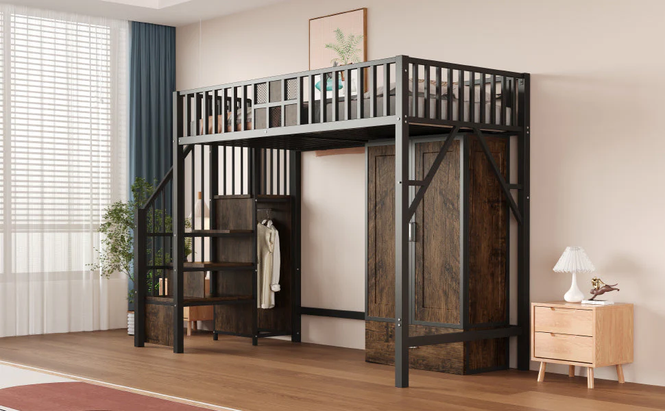 Metal Loft Bed 90x200cm Wardrobe Drawers Storage Ladder - Black - Image 6