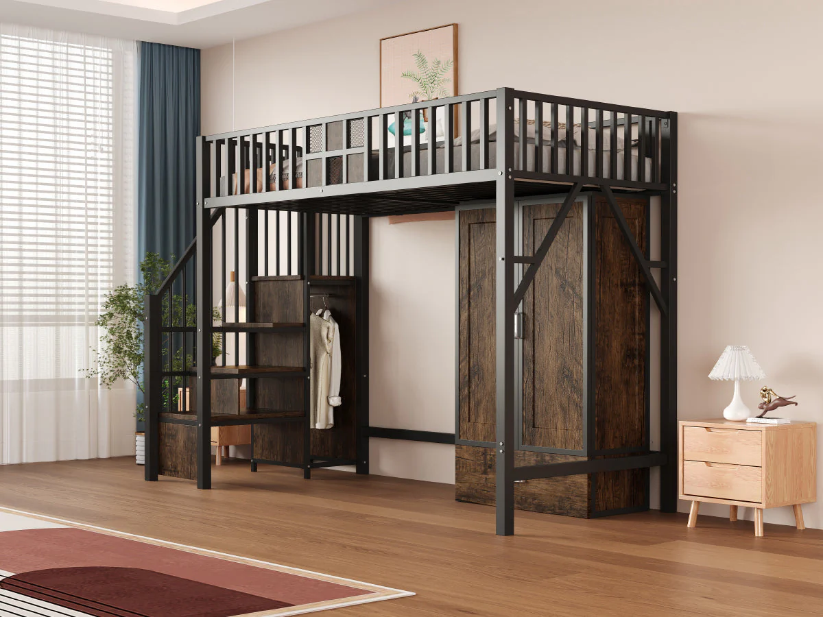 Metal Loft Bed 90x200cm Wardrobe Drawers Storage Ladder - Black - Image 7