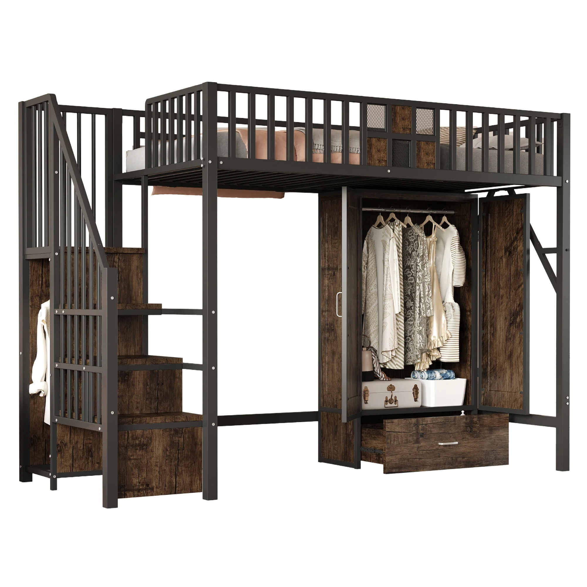 Metal Loft Bed 90x200cm Wardrobe Drawers Storage Ladder - Black - Image 9